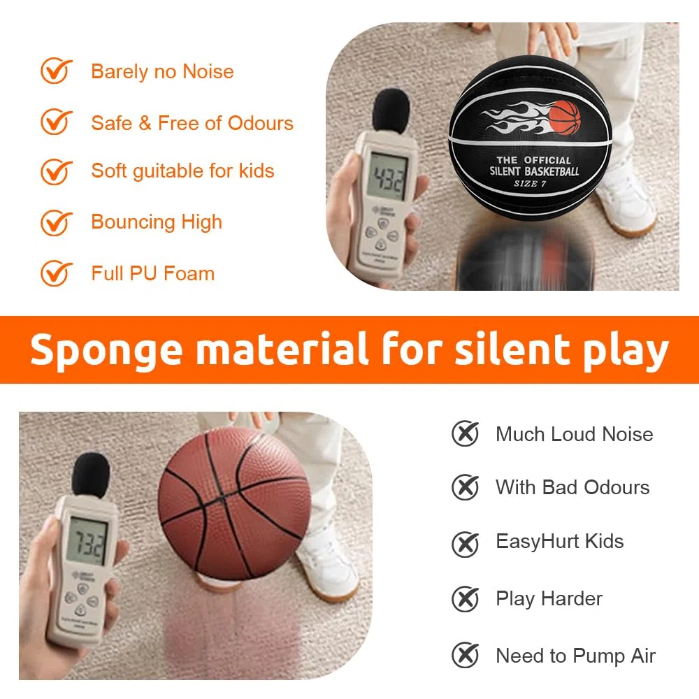Silent Basketball, Basket-Ball Silencieux, Ballon Basket Silencieux Taille 7, Ballon Basket Mousse Interieur, Ballon en Mousse Haute Densité Non Revêtue, pour L'entraînement en Salle