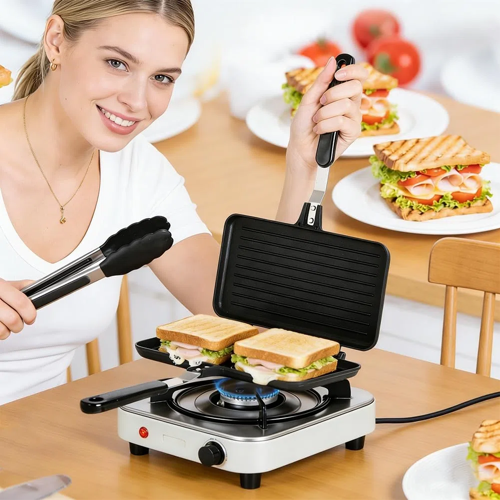 RANJIMA Poêle à frire double face avec poignée résistante à la chaleur - Pour le petit déjeuner, le camping, l'extérieur