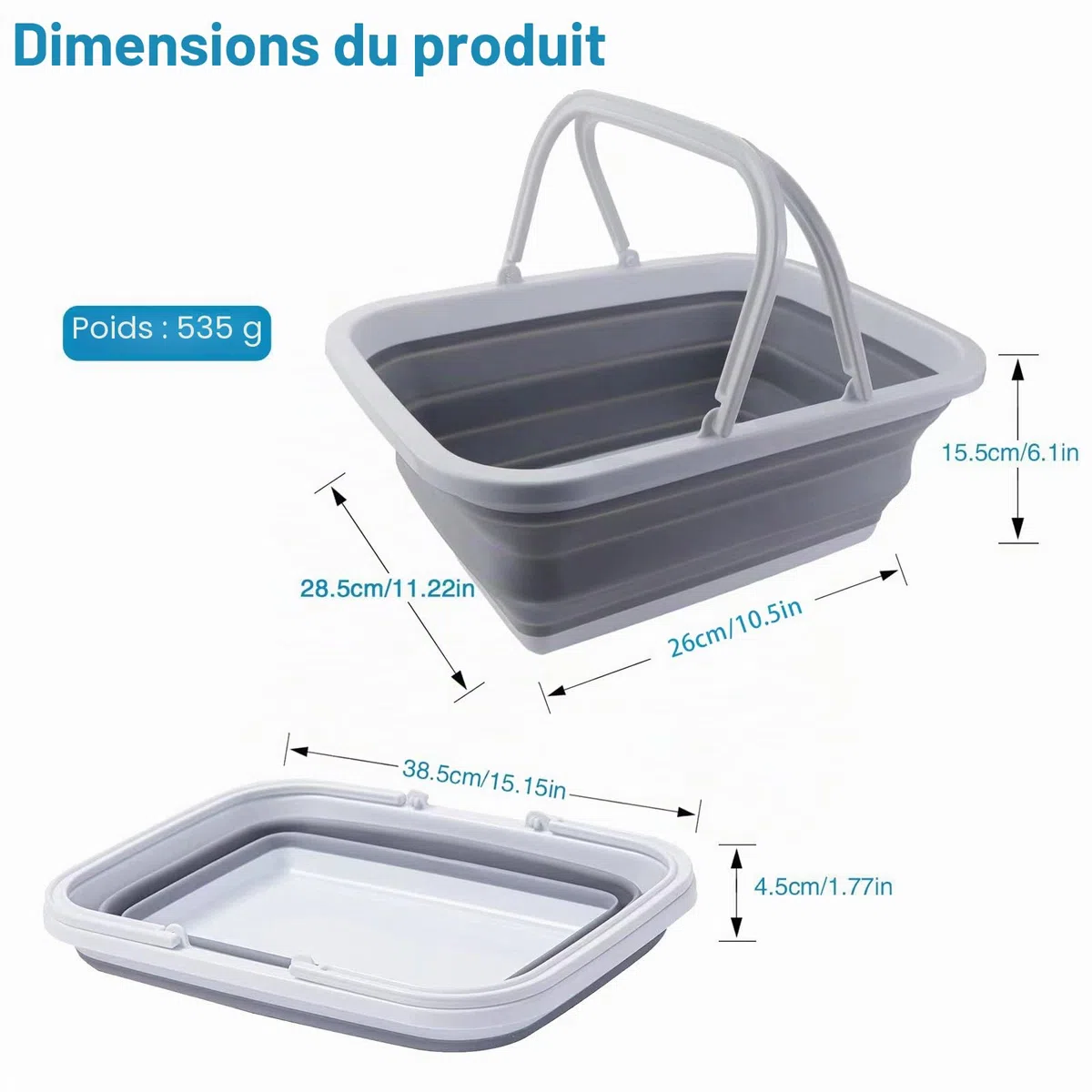 Bassine à vaisselle pliable de 12 L avec poignées - Lavabo portable pour camping, voyage, cuisine et caravane - Récipient de rangement peu encombrant