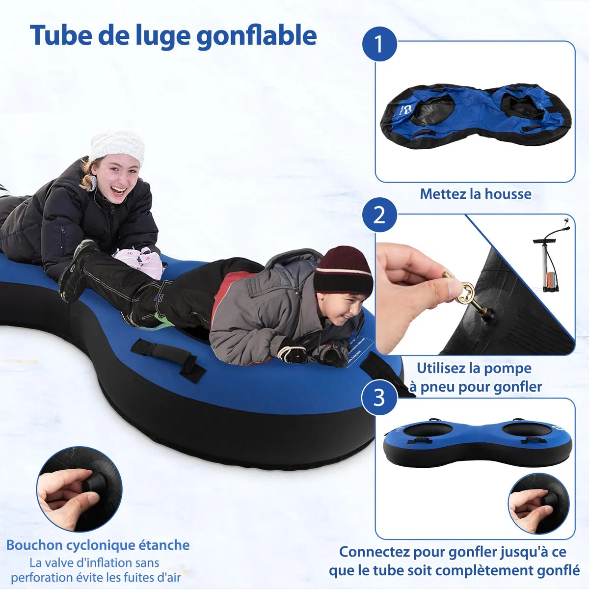 GOPLUS Luge à Neige Gonflable, Tube à Neige 100 cm avec Pneu en Caoutchouc, Coussin de Siège, Poignée, Pompe Inclus, pour Sports d'hiver Enfants&Adultes, Charge 200KG, Bleu/Rouge