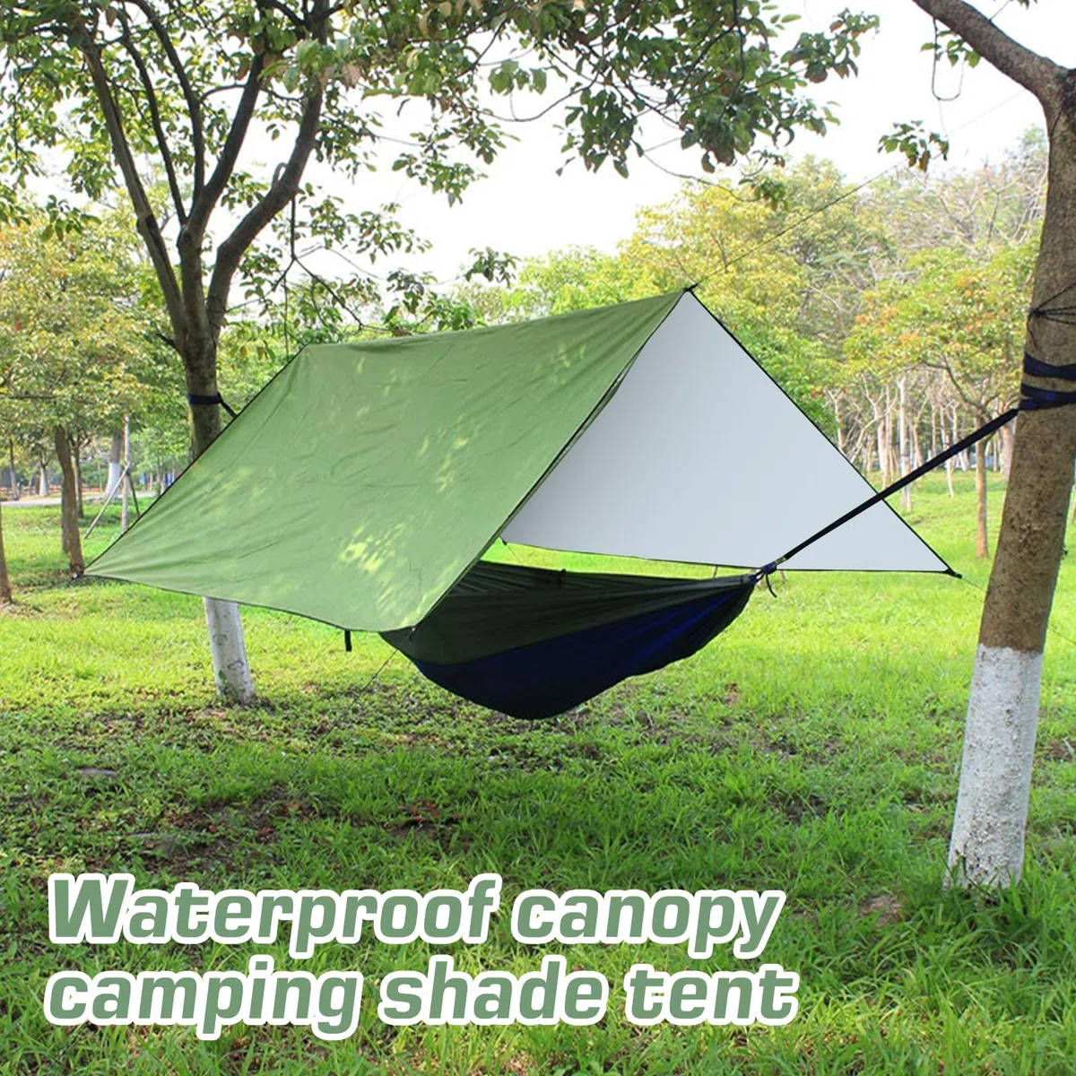 Tarp Bâche de tente de camping étanche 3 x 3 m avec 6 cordes et 6 broches en aluminium, protection UV, ultra légère, avec œillets, pour camping, extérieur, pique-nique, randonnée, hamac (vert)