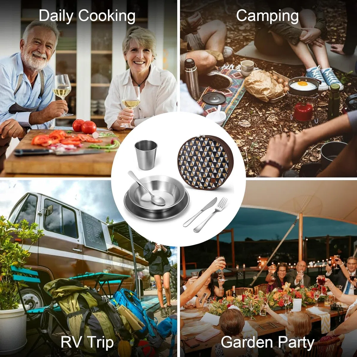 Odoland Set de Couverts Camping, Kit de Vaisselle en Acier Inoxydable Poli avec Assiette Bol Tasse Fourchette Cuillère Couteau Sac de Voyage Portable, pour Cuisine Camping Randonnée Pique-Nique