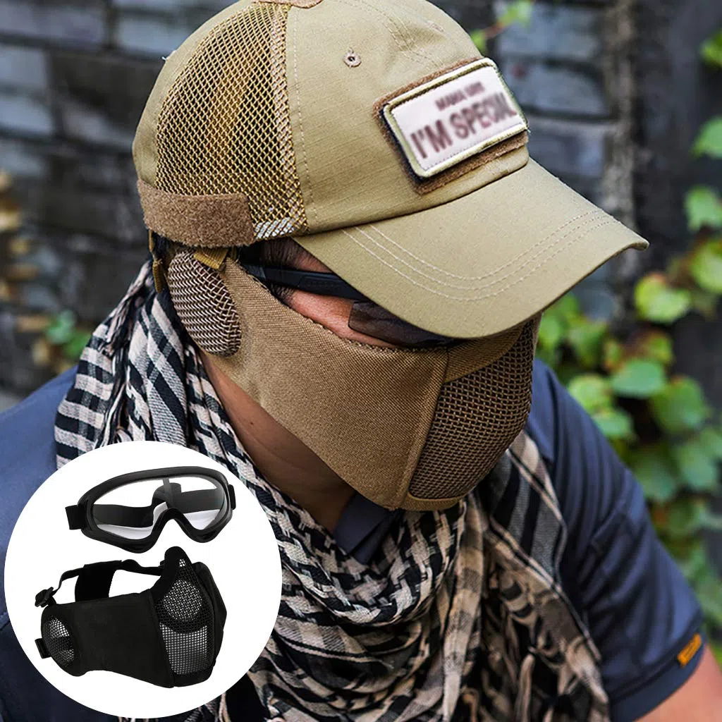 Ensemble de masque et lunettes d'airsoft, demi-masque en maille métallique avec protection auditive, lunettes anti-UV, protection des yeux pour extérieur, chasse, jeu CS