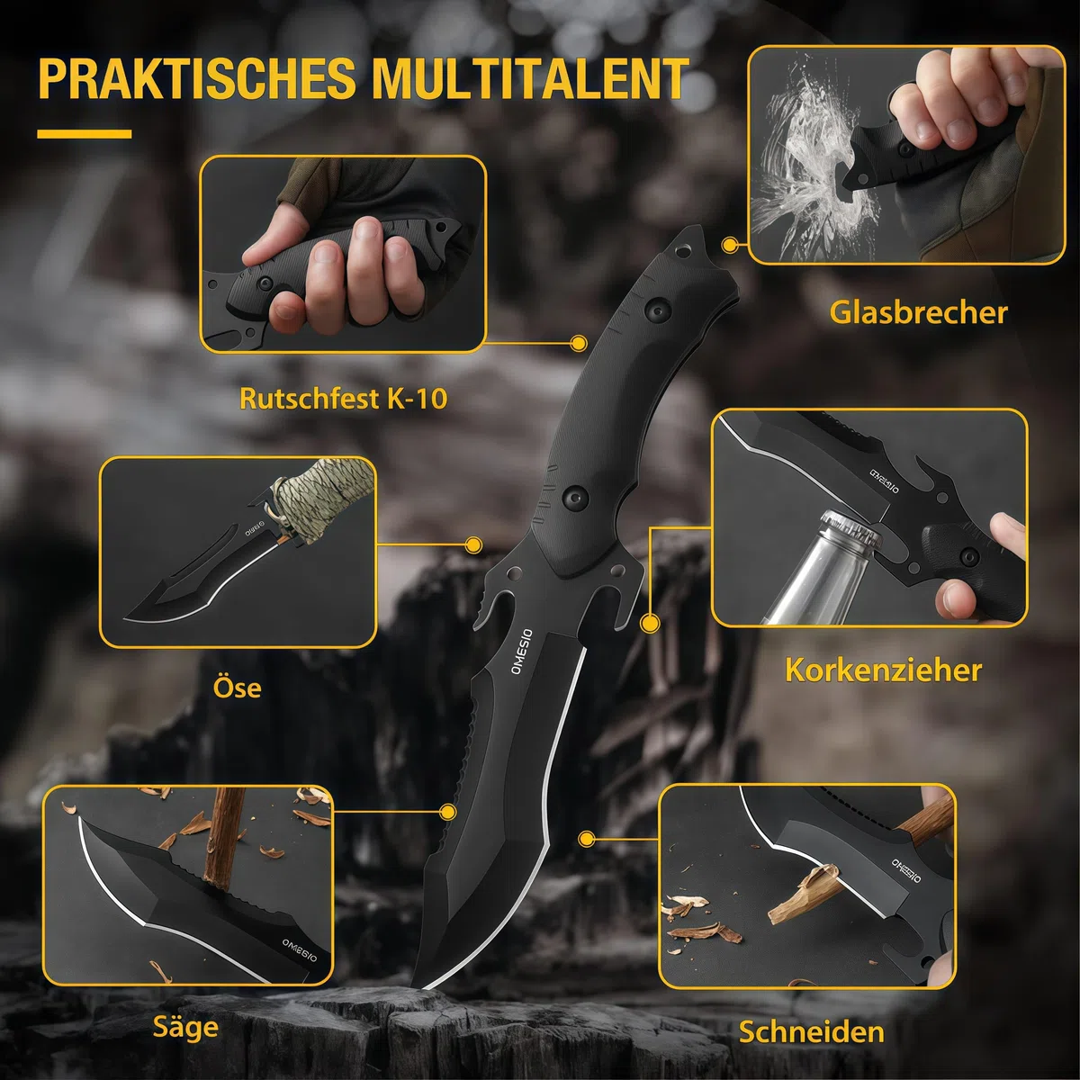 Omesio Couteau de Survie Lame Fixe Bushcraft - Full-Tang Noir, Forgé à la Main, Tranchant et Durable, Idéal pour Randonnée et Activités Outdoor