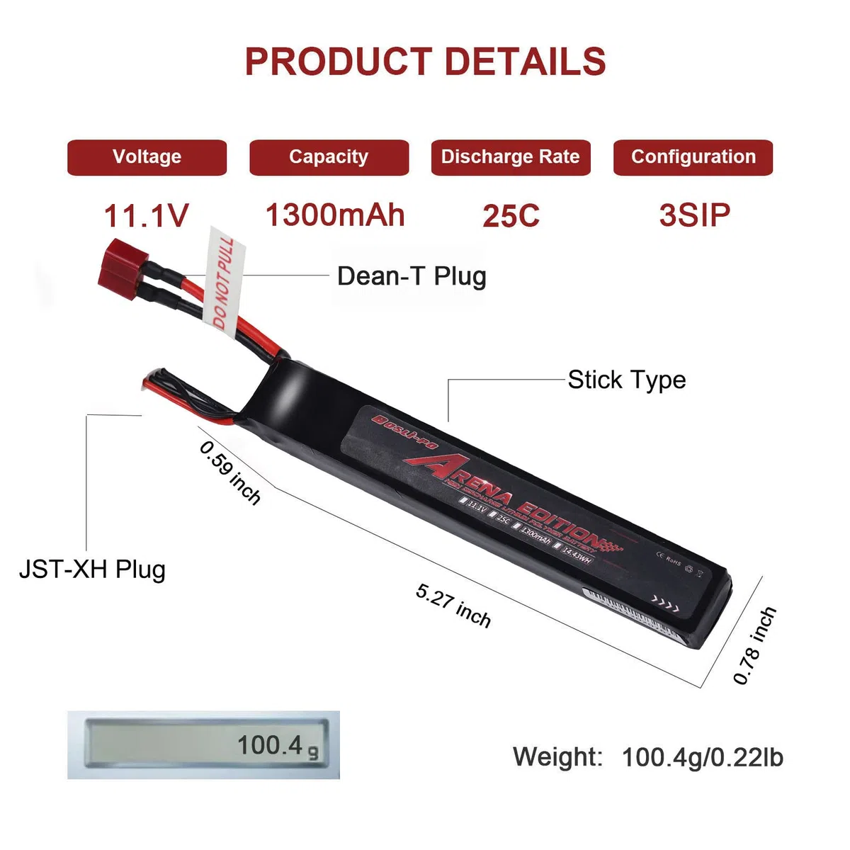 Bos-Lipo Airsoft Batterie Lipo 11.1V 1300mAh 25C 3S Batterie au Lithium pour Airsoft G36C, CAR15, MP5A5, M249, MC51, FNP90, G3A4 Airsoft(T connecteur)