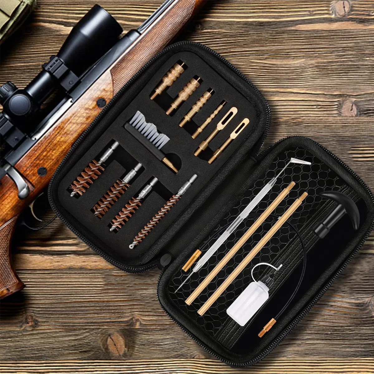 Kit de Nettoyage Armes Universel 16 Pièces, pour Calibres .22 .357 .38 9mm .40 .45, avec Brosses Bronze Phosphoreux & Adaptateurs Laiton, Set Nettoyage pour Armes de Poing