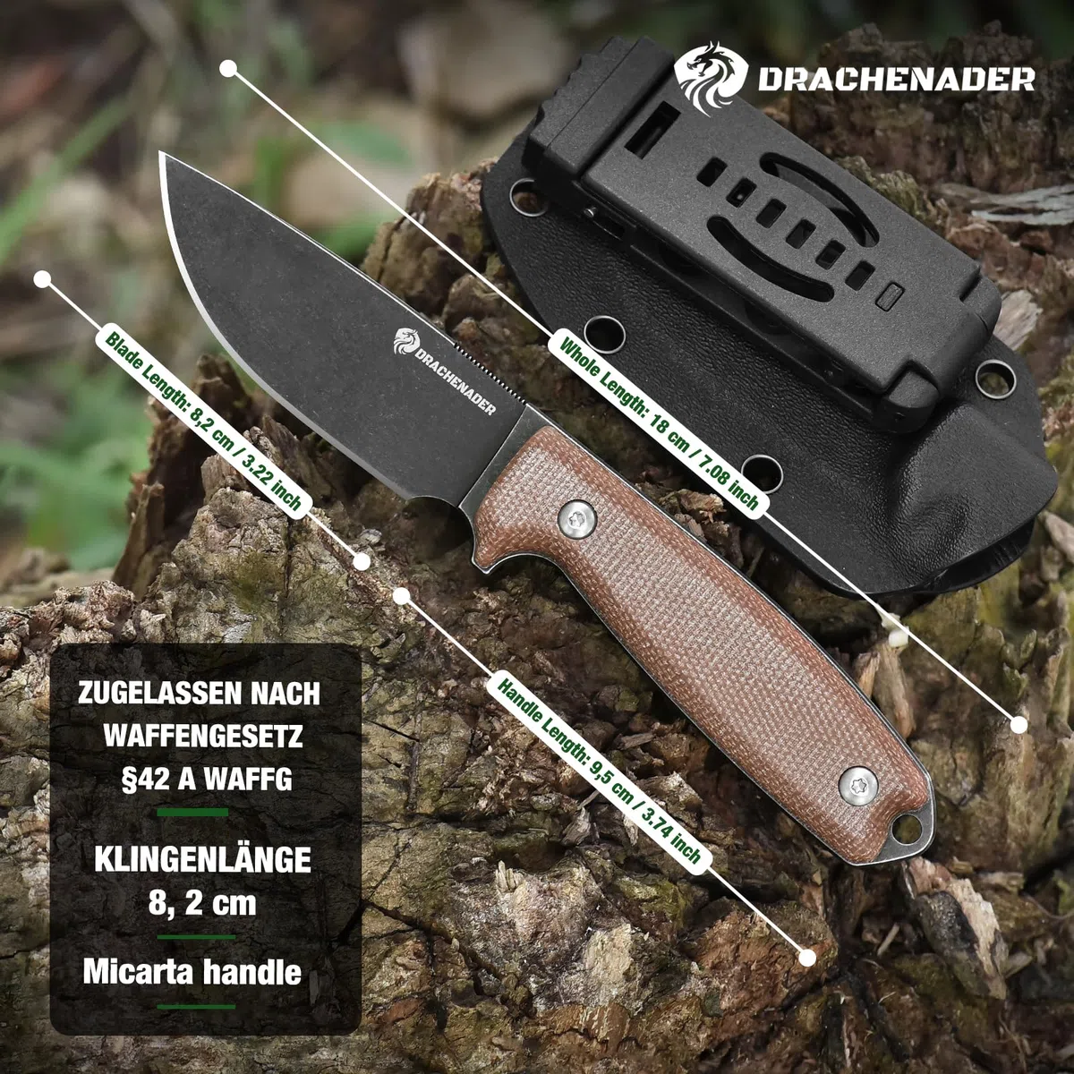 DRACHENADER couteau de ceinture 14C28N acier inoxydable EDC couteau lame fixe, manche micarta, étui Kydex inclus