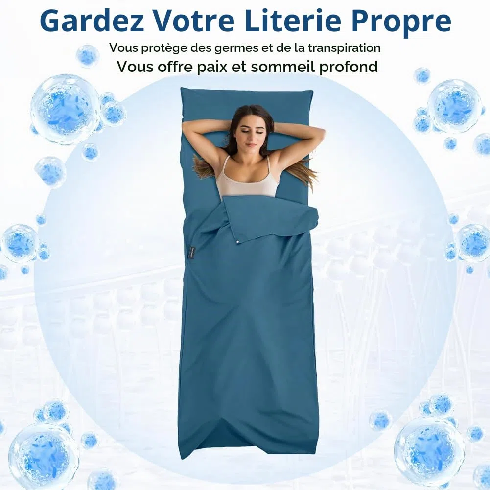 flintronic Drap de Sac de Couchage Léger, Sac de Couchage de Drap avec Compartiment pour Oreiller, Drap de Sac de Couchage Léger et Portable pour Voyage Hôtel Camping