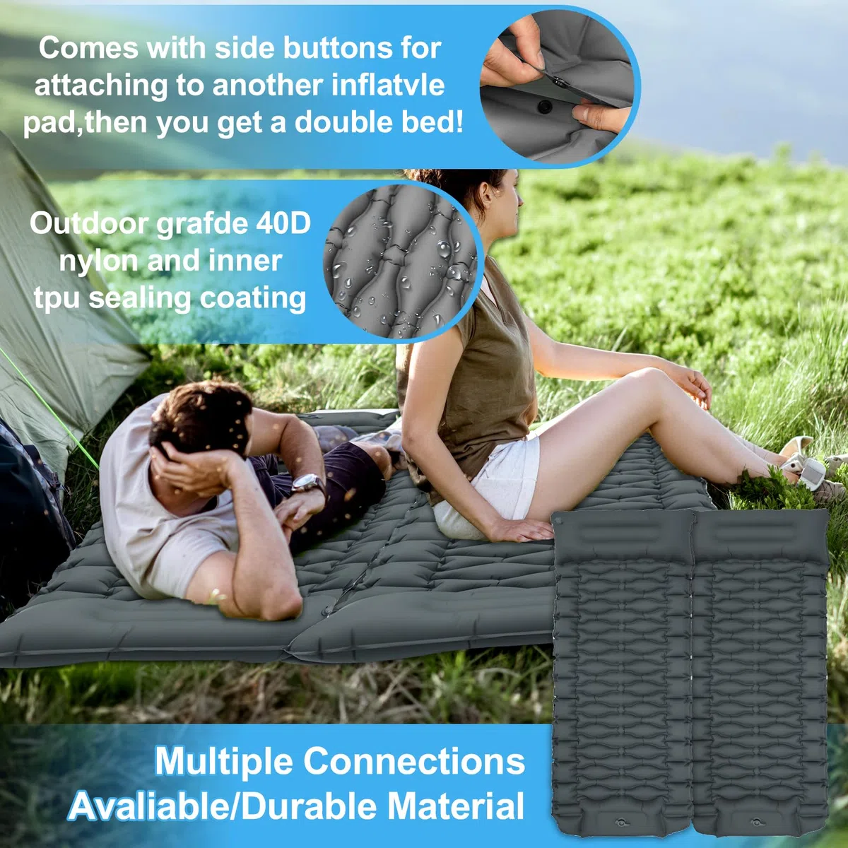 Matelas Campings Autogonflant, Matelas Camping Autogonflant Pliable avec Pompe à Pied, Matelas Gonflable Résistant à l'eau, Portable Tapis de Matelas pour Camping, Voyage, Plage, Tente