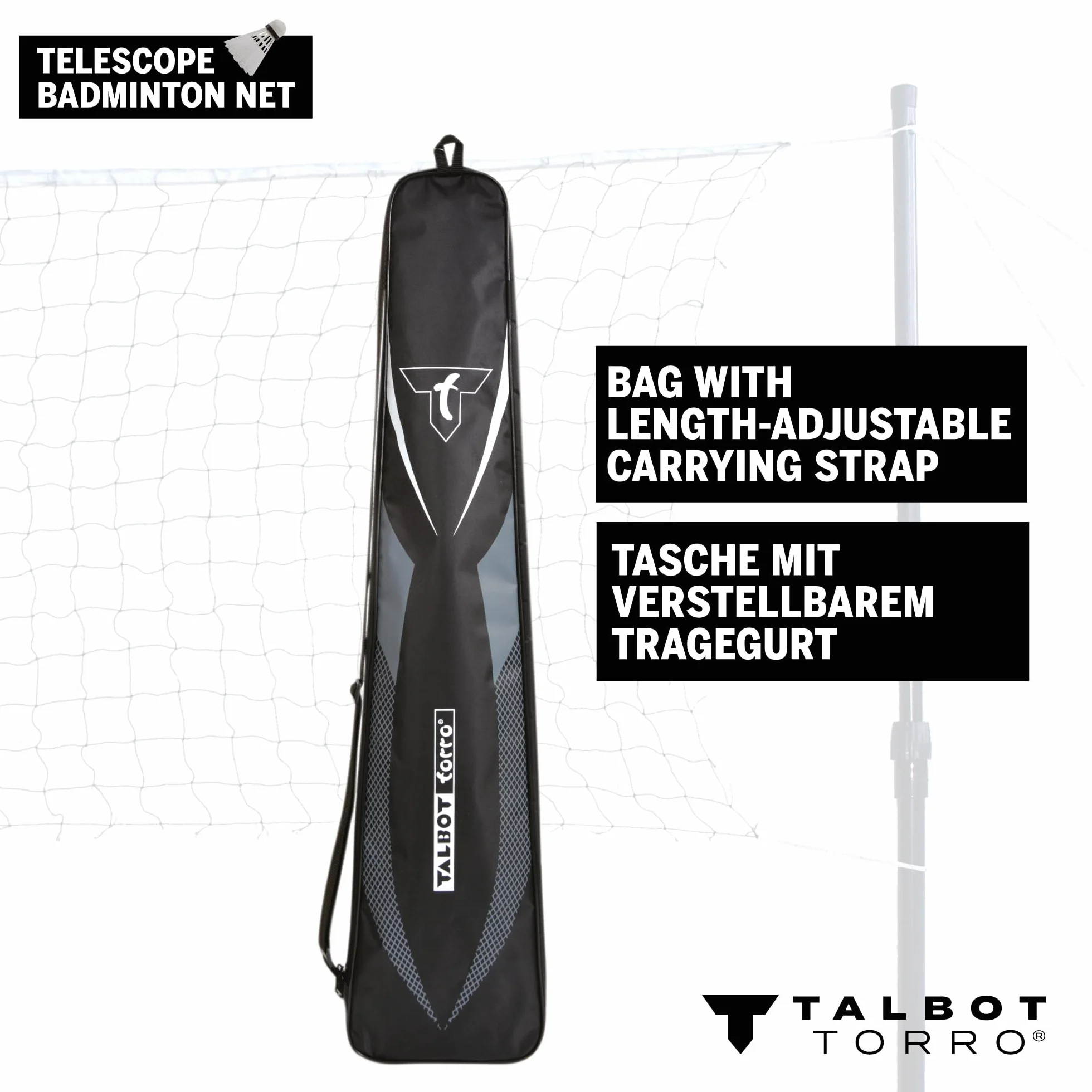 Talbot Torro Filet de Badminton Télescopique, Réglable en Hauteur: 1,25-1,55 m, Largeur 6,10 m, dans Un Sac, 449599, Noir