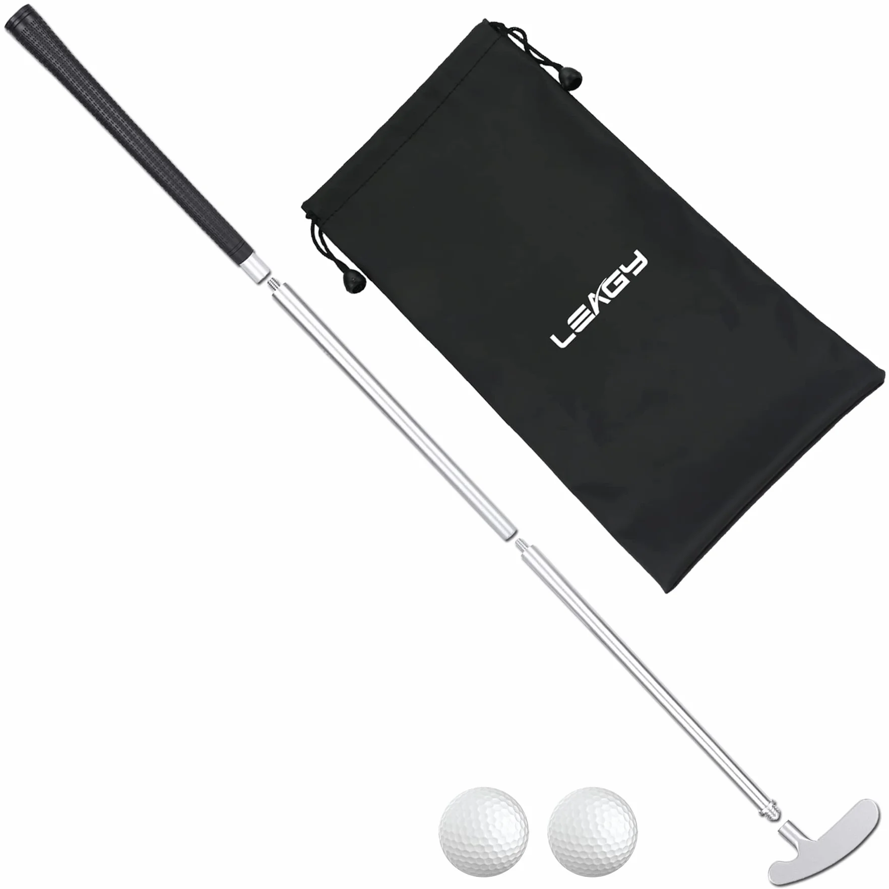 LEAGY - Putter pour gaucher ou droitier en 4 Parties - Alliage de Zinc Blanc - avec 2 balles Blanches et Un Sac Noir