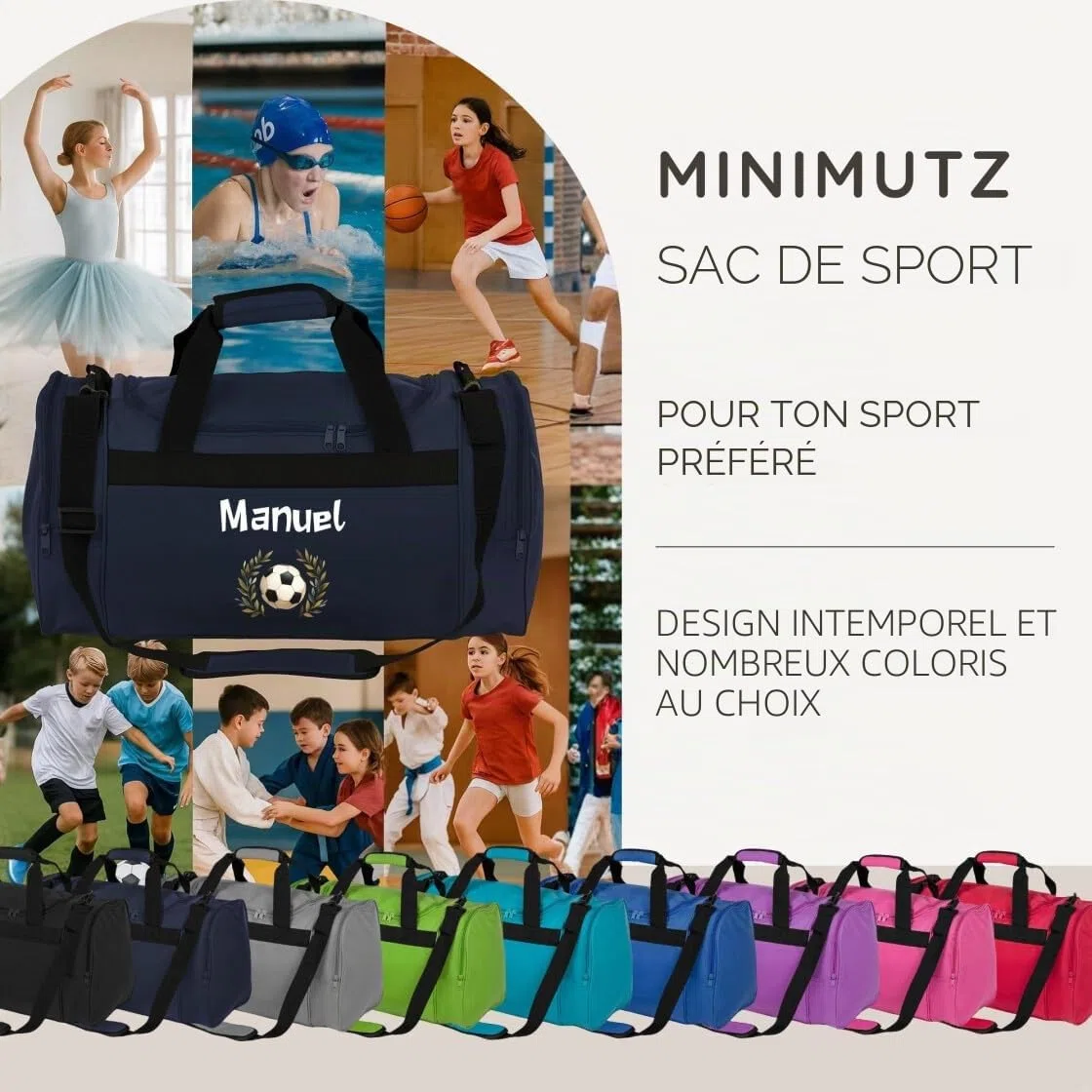 minimutz Sac de sport pour enfant - Personnalisé - Sac de voyage - Sac de football pour garçon - Grand sac de sport pour enfant avec nom - 26 l, bleu foncé, 54 x 28 x 26 cm, Sac de sport