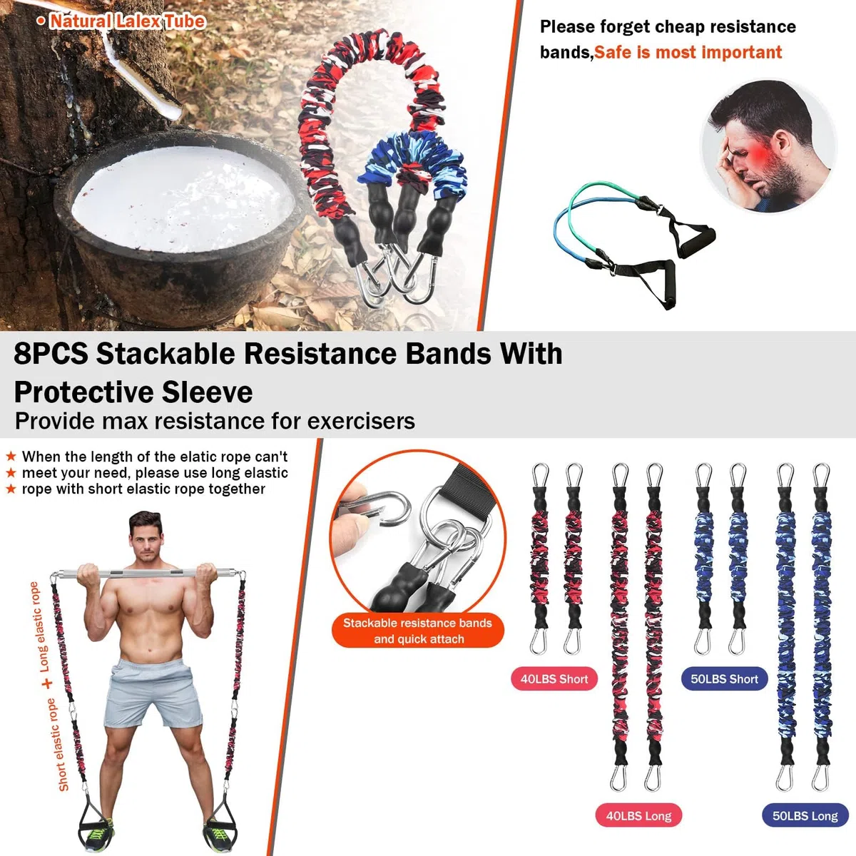 DASKING Appareil de fitness portable pour la maison avec 8 bandes de résistance empilables incassables, ensemble de barres de gymnastique pour la maison - Barre amovible 227 kg 2 en 1 avec rubans, appareil d'entraînement complet du corps.