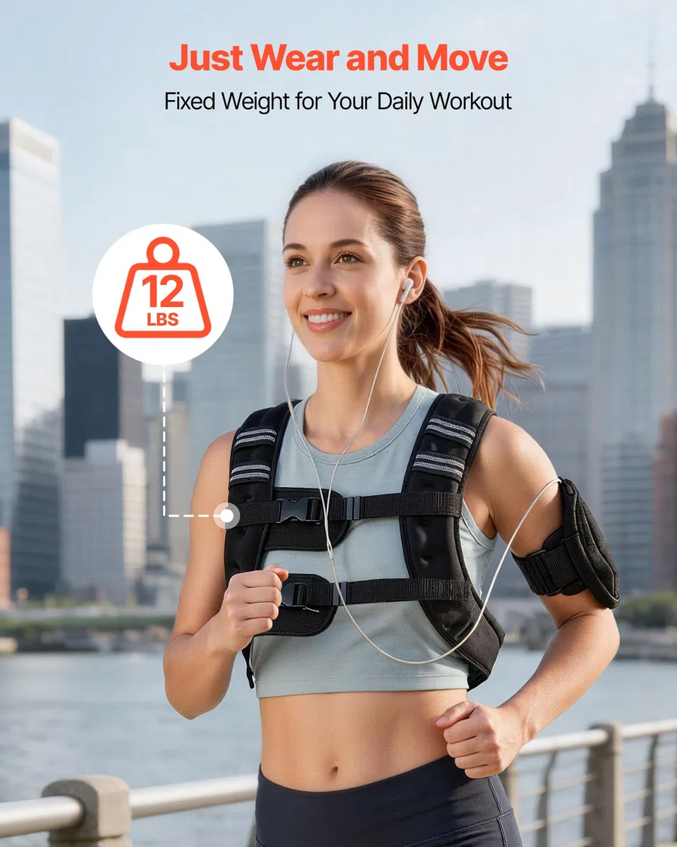 VEVOR Gilet lesté, 5,54 kg, veste de poids à boucle réglable pour homme et femme avec bande réfléchissante, équipement d'entraînement pour musculation, course, jogging, fitness et perte de poids, noir