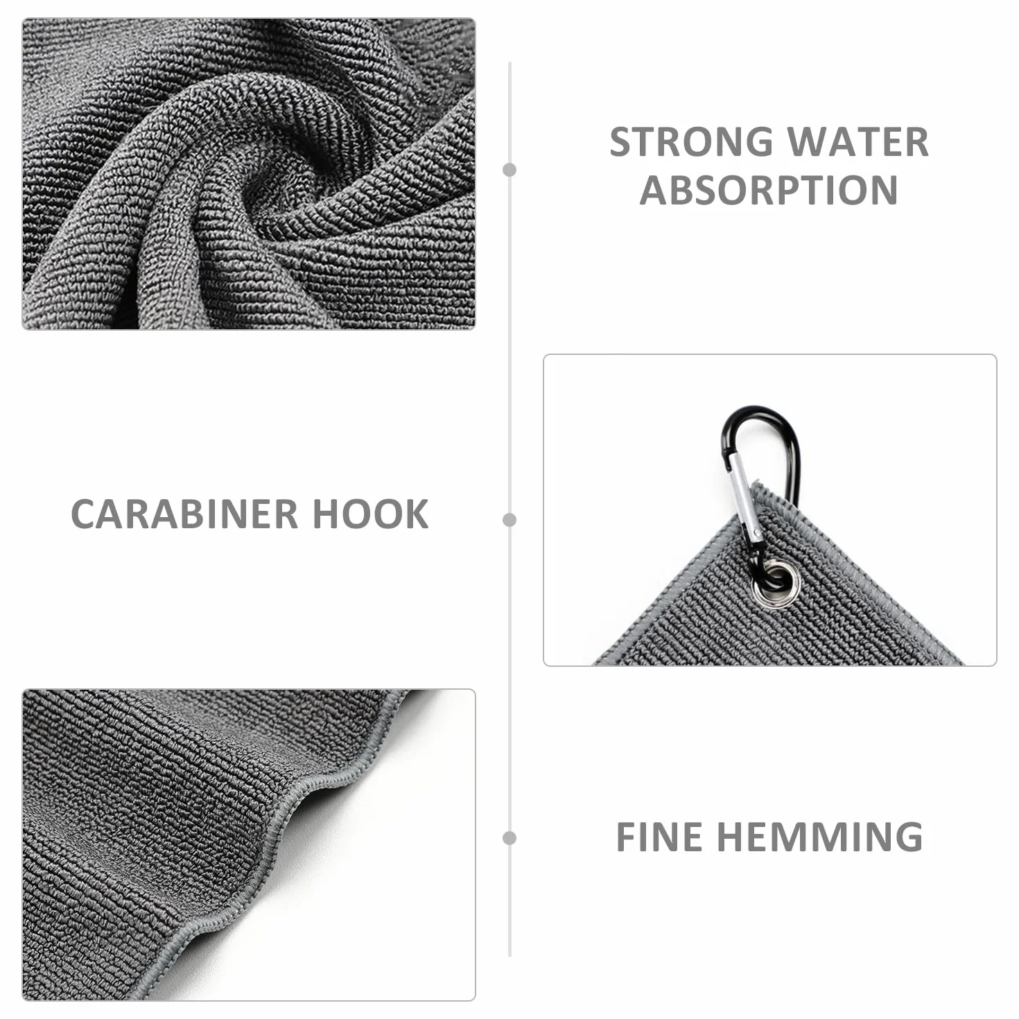 MEMOFYND Lot de 2 serviettes de golf, multifonctionnelles, absorbantes, avec mousqueton, pour sport et fitness, en microfibre, noir/gris, 30 x 30 cm