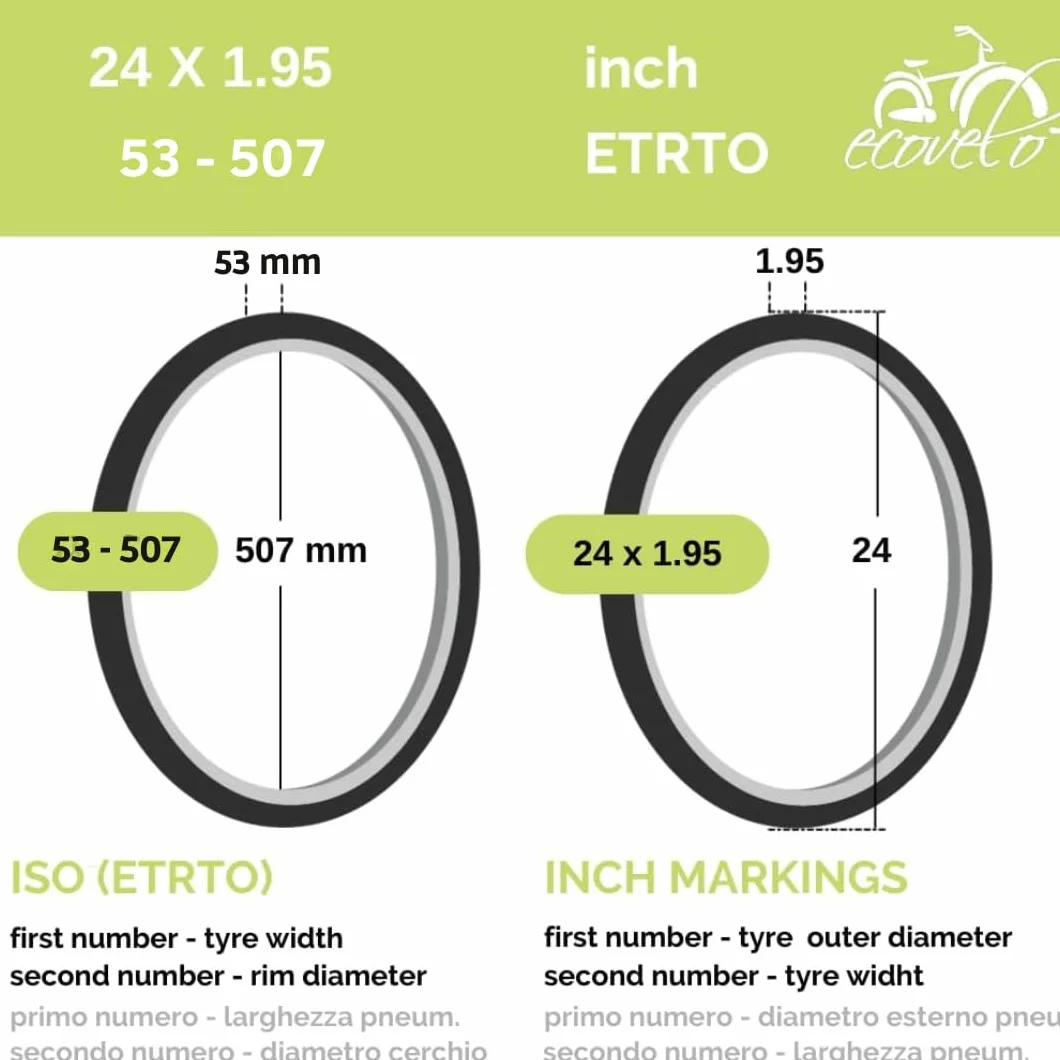 Ecovelò 1.95 (50-507) + V.a., 2 Pneus 24 X Chambres avec Valve Américaine Unisexe Adulte, Noir, Taille Unique