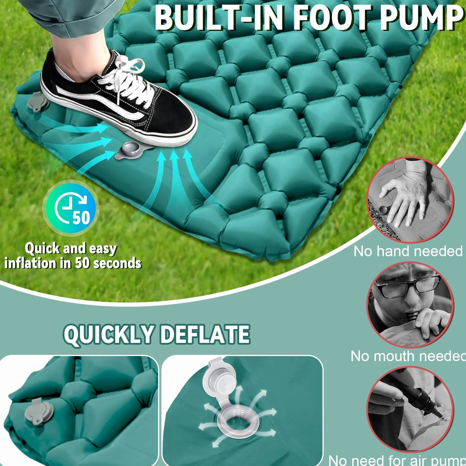 Tapis de Camping Gonflable Ultraléger avec Oreiller, Matelas de Camping Autogonflant avec Pompe à Pied, Portable Tapis de Matelas Pneumatique pour Plage, Aventures en Plein Air