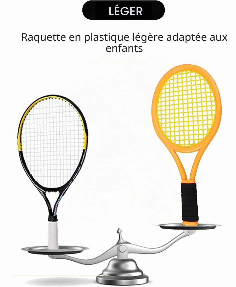 Raquette de tennis pour enfant avec sac, raquette en plastique comprenant 4 balles en mousse, 6 volants de badminton pour enfants (plus de 3 ans), jeu de sport intérieur/extérieur
