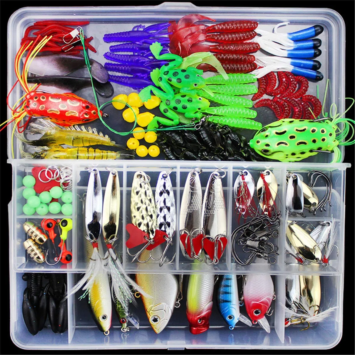 Leurres de pêche Kit avec Boîte à Outils Portable, RoseFlower 141 Pièces Flottante Set Appât de Pêche Hameçons Basse Accessoires Avec Spinnerbaits, Plastique vers, Minnow, Grenouille Appât - Baits Kit