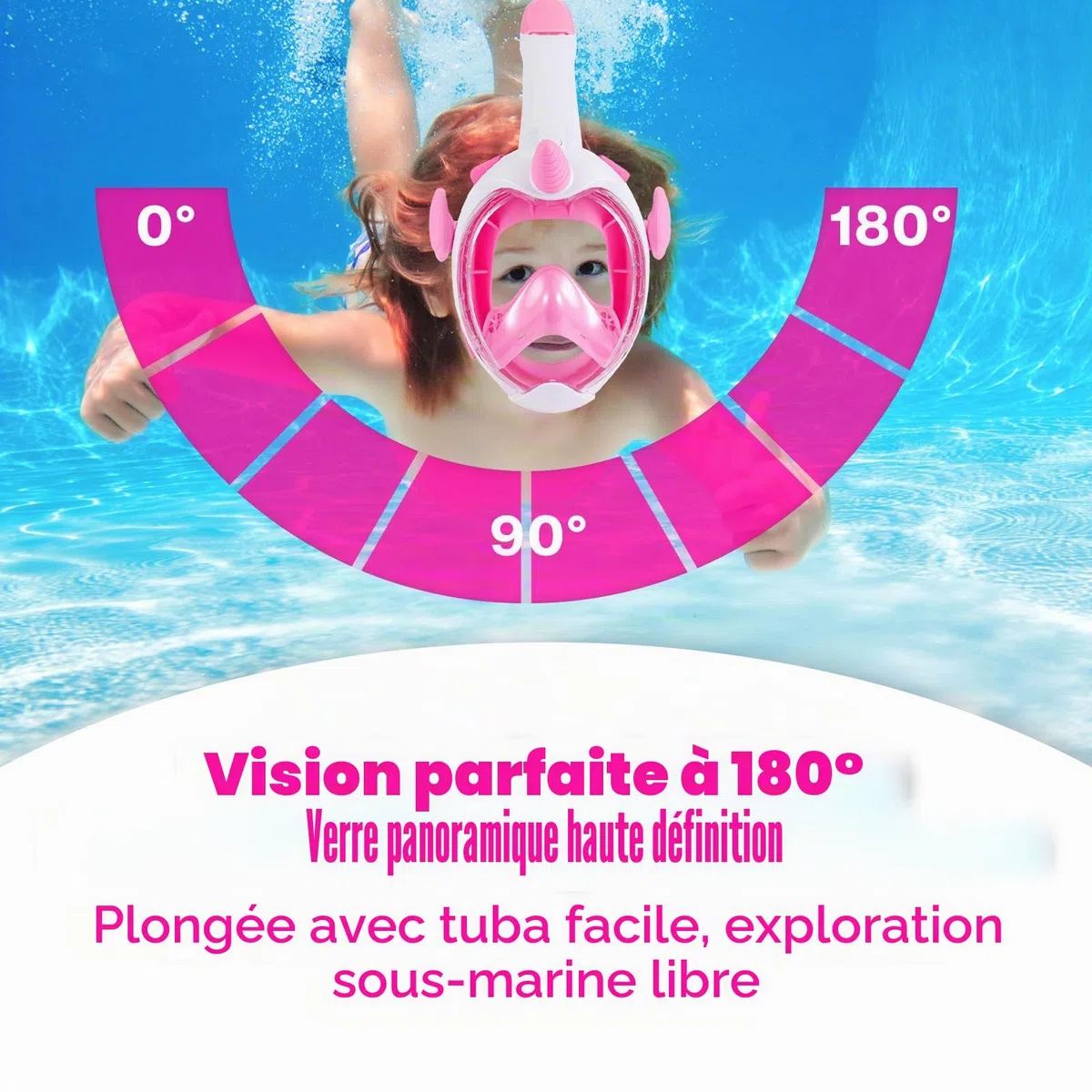 Masque de Plongée Enfant, Masque Piscine Enfant, 180° HD Masque Tuba Intégral, Anti-Buée et Anti-Fuite Masque Plongée 3~12 Ans, avec Bouchons d'oreille et Sac de Rangement (XS,Rose)
