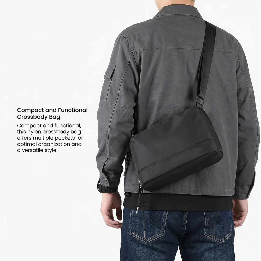 Sacoche Homme Bandouliere & Sac Bandoulière Femme – Sac Bandoulière Homme Compact Nylon Multi-Poches, Sacoche Pratique avec Sangle Réglable pour Voyage, Travail et Quotidien (Noir)