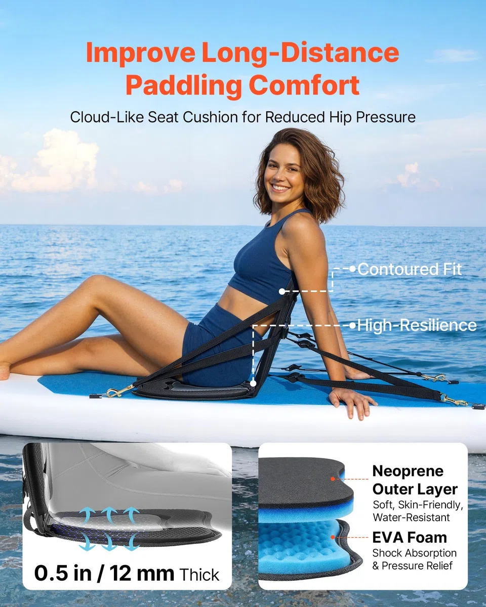 VEVOR Siège de Kayak Universel, Dosseret Sup 12 mm d'Épaisseur, pour Sup Paddle Planche à Pagaie Kayak Gonflable, avec Dossier, Coussin Rembourré Souple, Sac de Rangement et Sangles, Noir et Gris