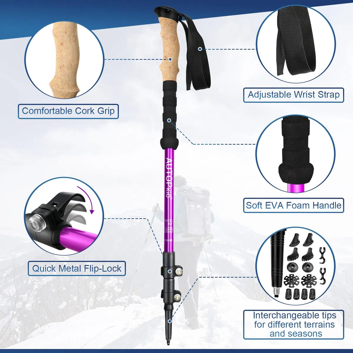 AUTOPkio Bâtons de Marche, Télescopique Aluminium Bâton de Randonnée Nordique Réglable Ultraléger pour Femmes Randonnée Trekking, Marche Nordique, Alpinisme