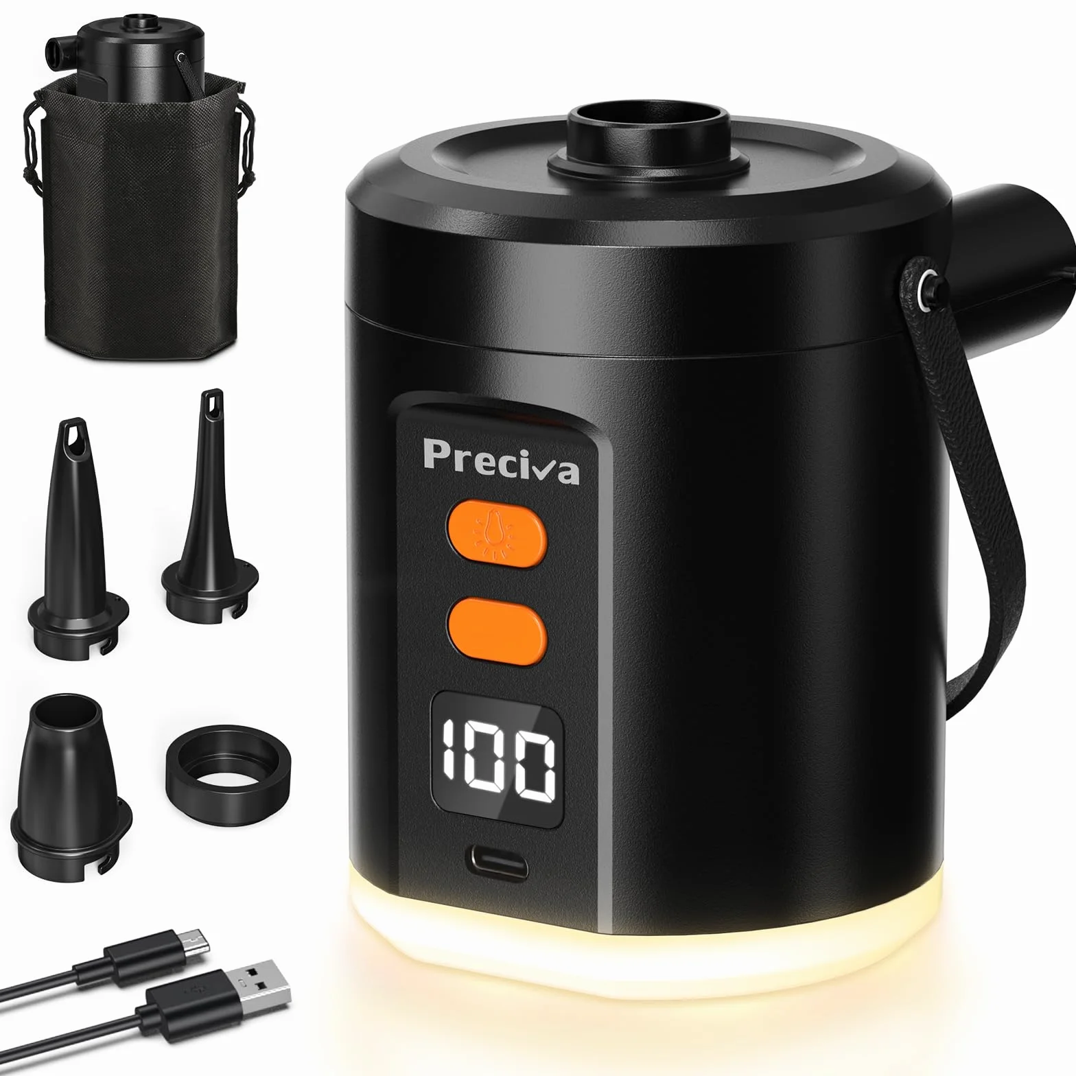 Preciva Pompe À Air Électrique avec Éclairage pour Gonflables - 5000mAh Pompe à Air Rechargeable À Gonfler/Dégonfler Rapide avec 3 Embouts pour Matelas, Piscine, Flotteurs de Piscine, Lit Pneumatique