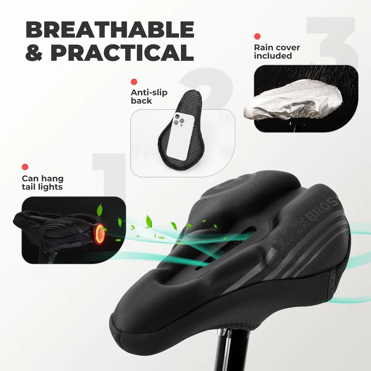 ROCKBROS Coussin de Selle de Vélo Housse en Silicone Souple pour Homme et Femme Siège VTT Respirant Coussin Housse X-L, Noir