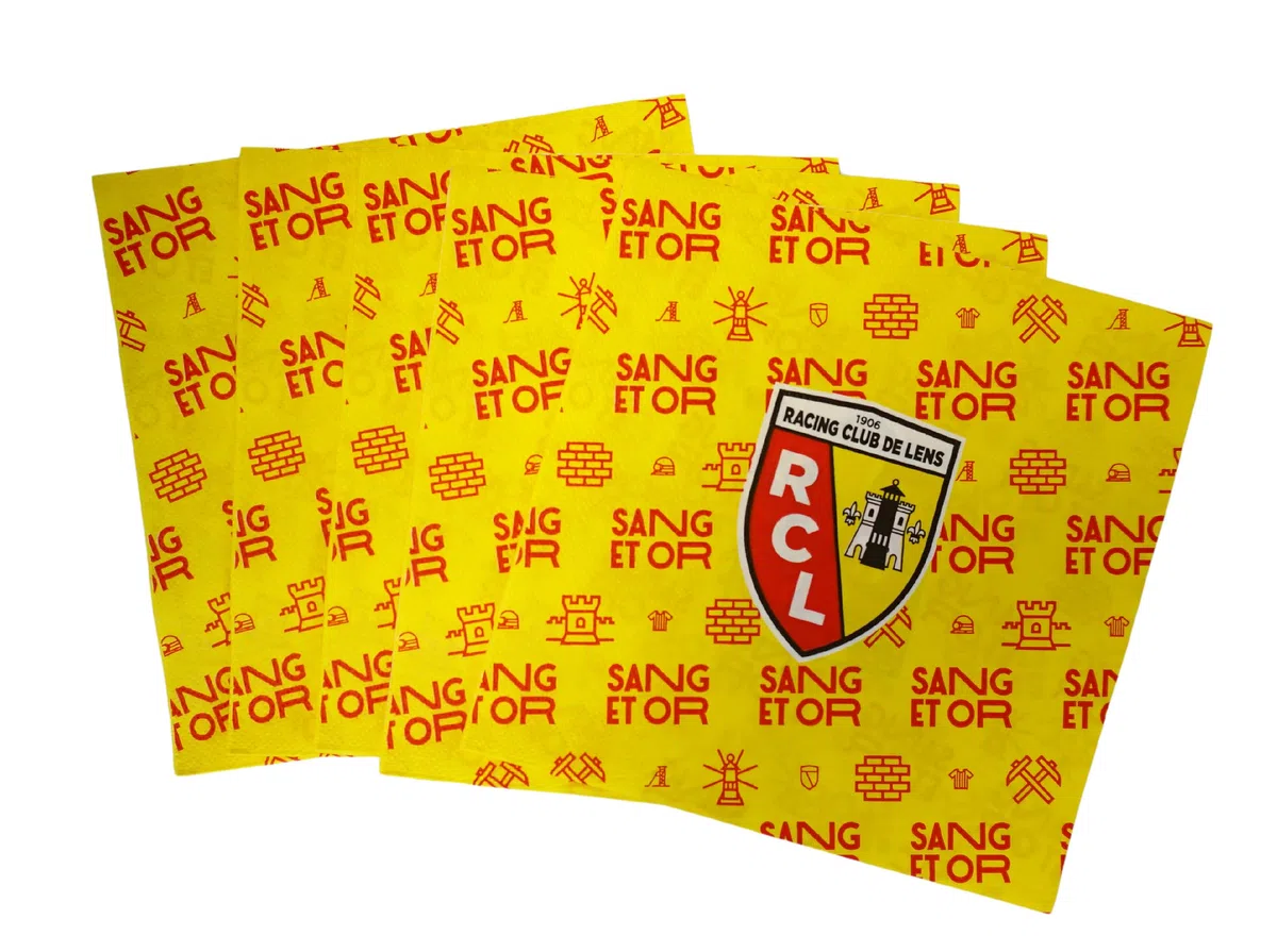 Kit fête Racing Club de LENS - 39 pièces 6 assiettes 6 gobelets 20 serviettes 6 sacs 1 nappe - Collection officielle RC LENS