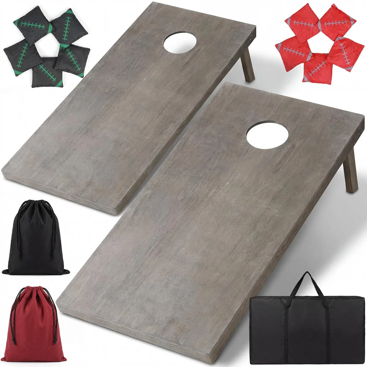 Cornhole - Kit d'extérieur en bois véritable - 120 x 60 cm - Bean Bag Game avec 10 sacs et sac - Jeu professionnel pour adultes, enfants, jardin, plage, camping - Accessoires officiels de tournoi