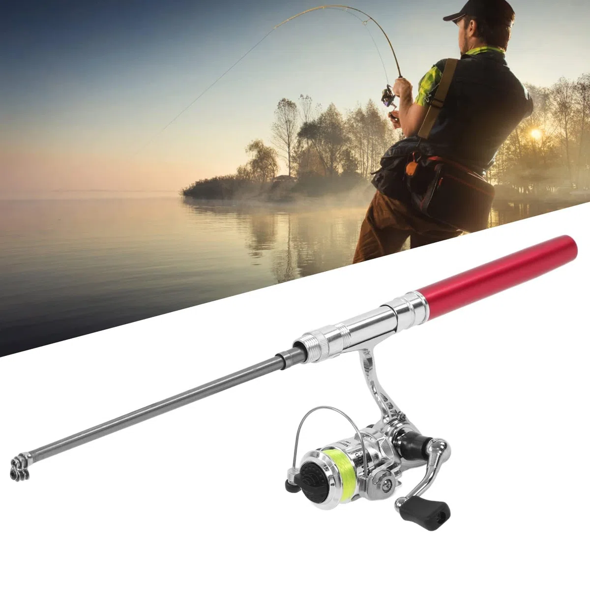 Canne à Pêche et Moulinet en Forme de Stylo, Pêche en Eau Douce et Salée, Rétractable, Rouge