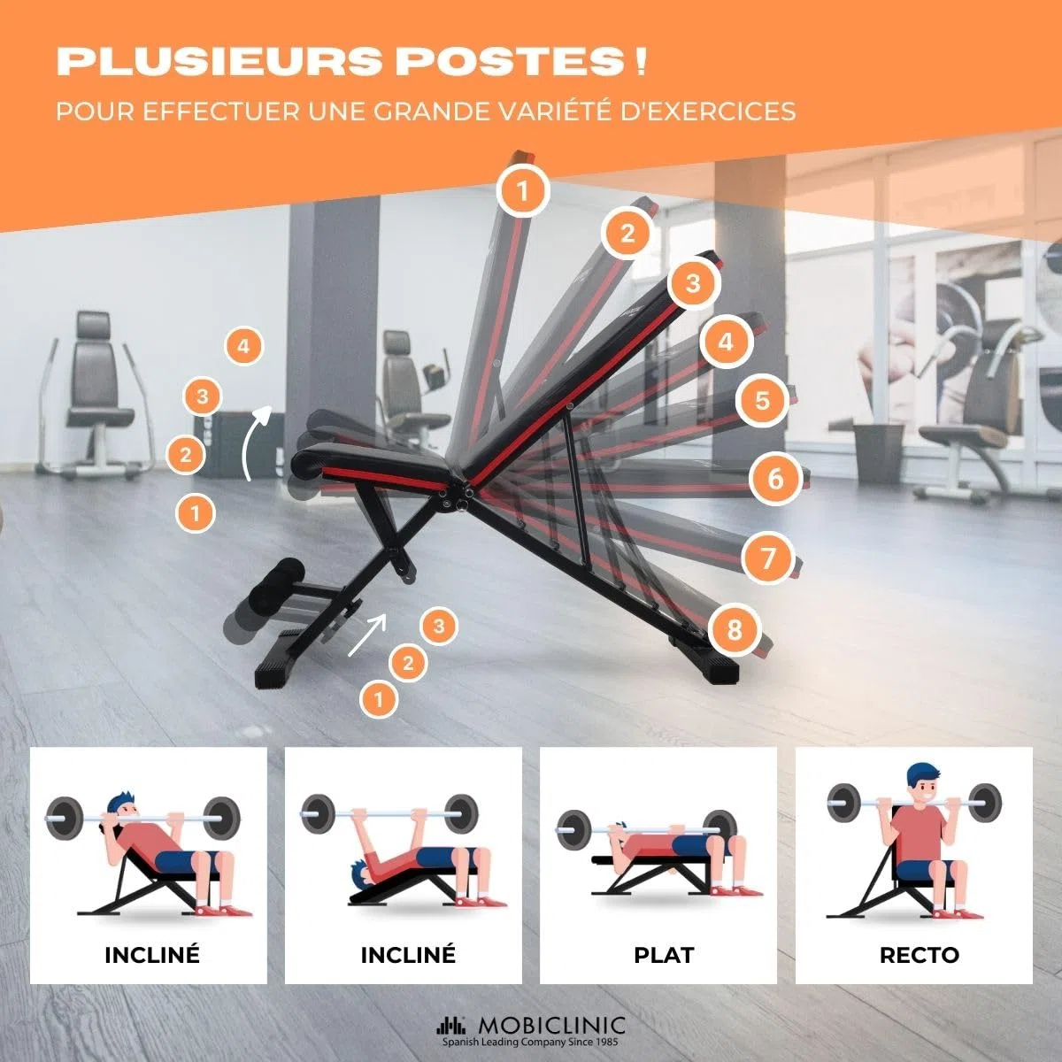 Mobiclinic® Fitness, Banc de musculation, Pliable, Supporte 200kg, Inclinable, Réglable, FlexFit, Multifonction, Banc de musculation, Entraînement complet du corps, FlexFit, Solide et stable, Home Gym