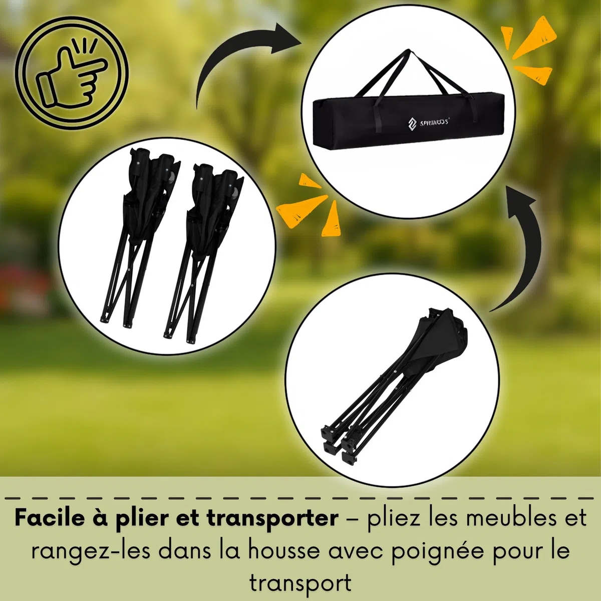 SPRINGOS Ensemble Camping 3 Pièces Noir – Table Pliante + 2 Chaises avec Accoudoirs et Porte-Gobelet, 4,8 kg, Charge 100 kg – Pêche Festival Jardin