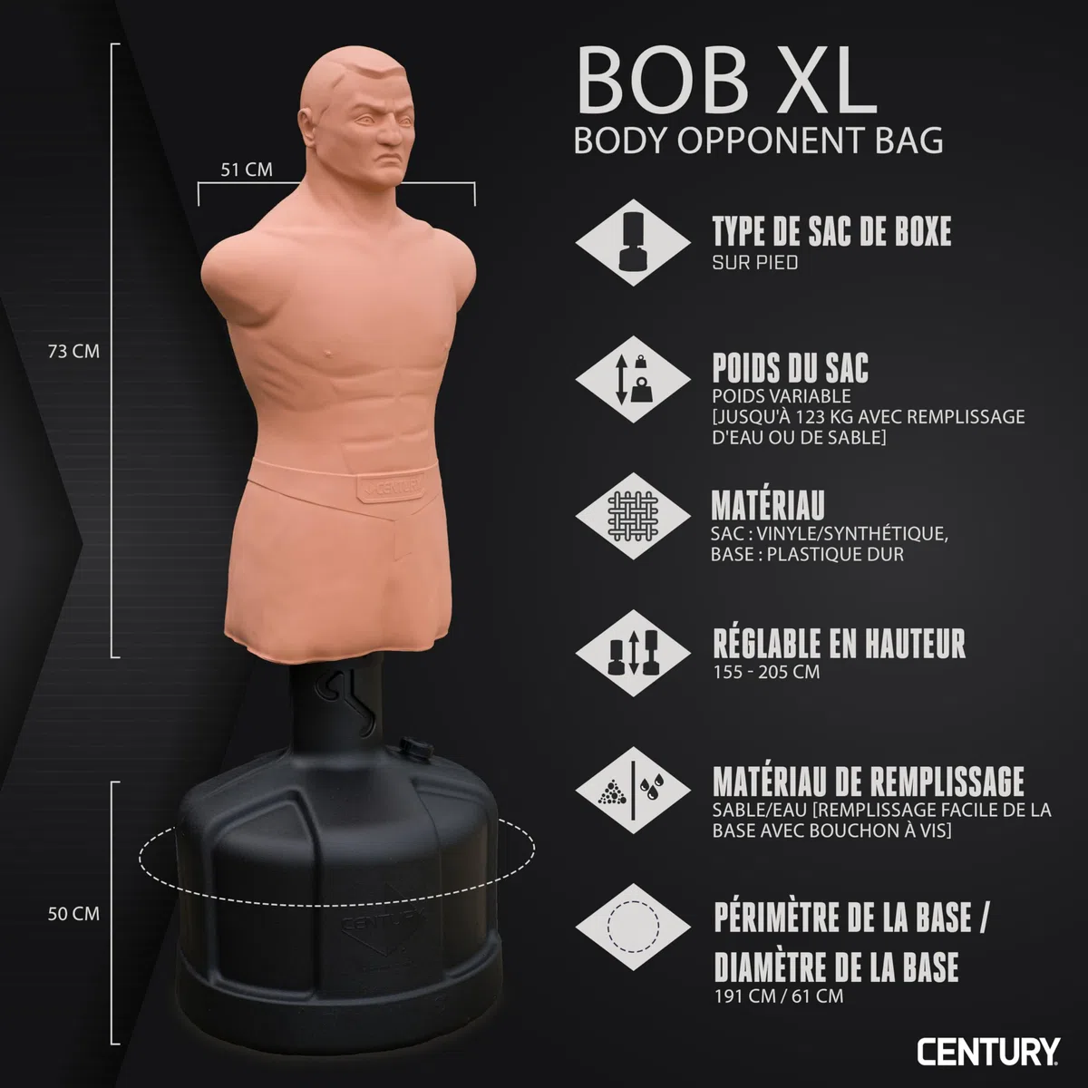 Century BOB XL Mannequin de Boxe – Hauteur réglable : 155-205 cm