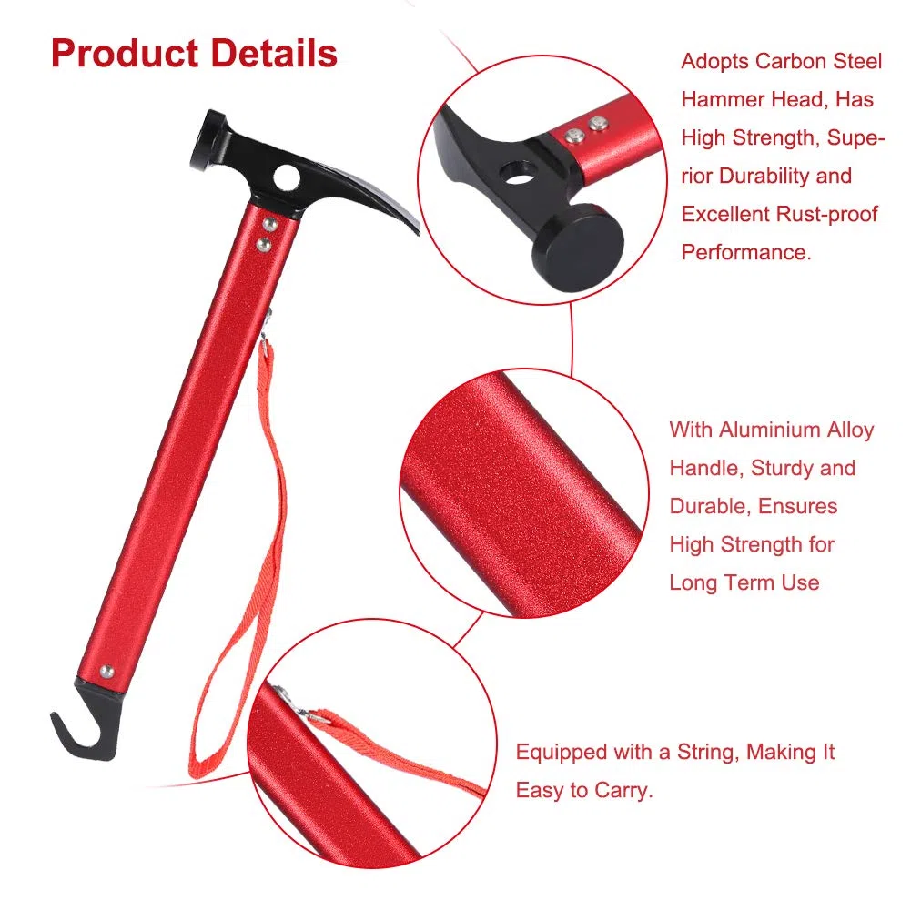 Camping Marteau, Marteau de Tente Marteau Maillet pour Piquets de Tente Peg Hammer Portable pour Camping, Bivouac Sports de Plein Air(Rouge)