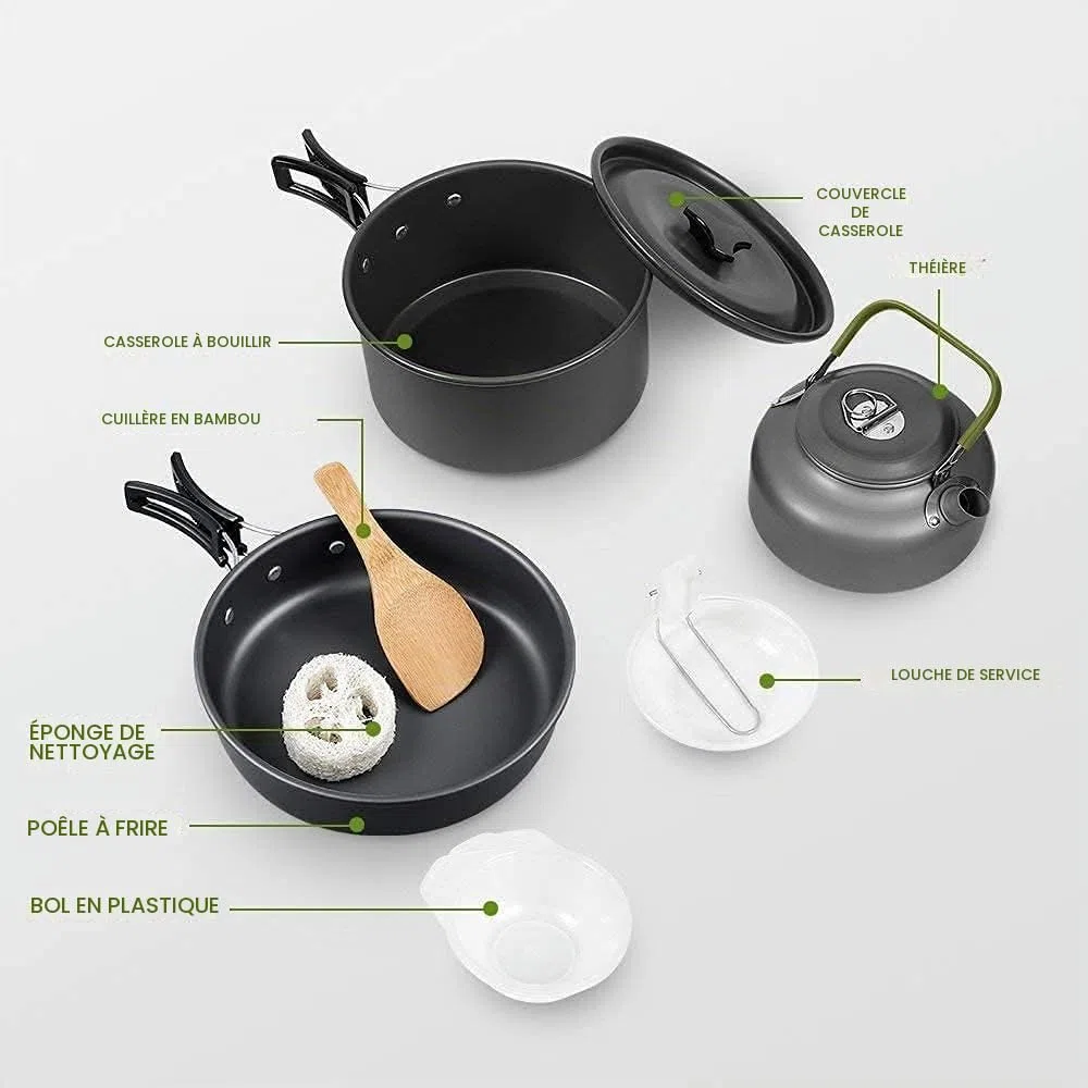 Queta Batterie de Cuisine 10 pièces pour Pique-Nique, Camping, Randonnée, Barbecue, Casseroles de Camping Pliables, Certifiées FDA