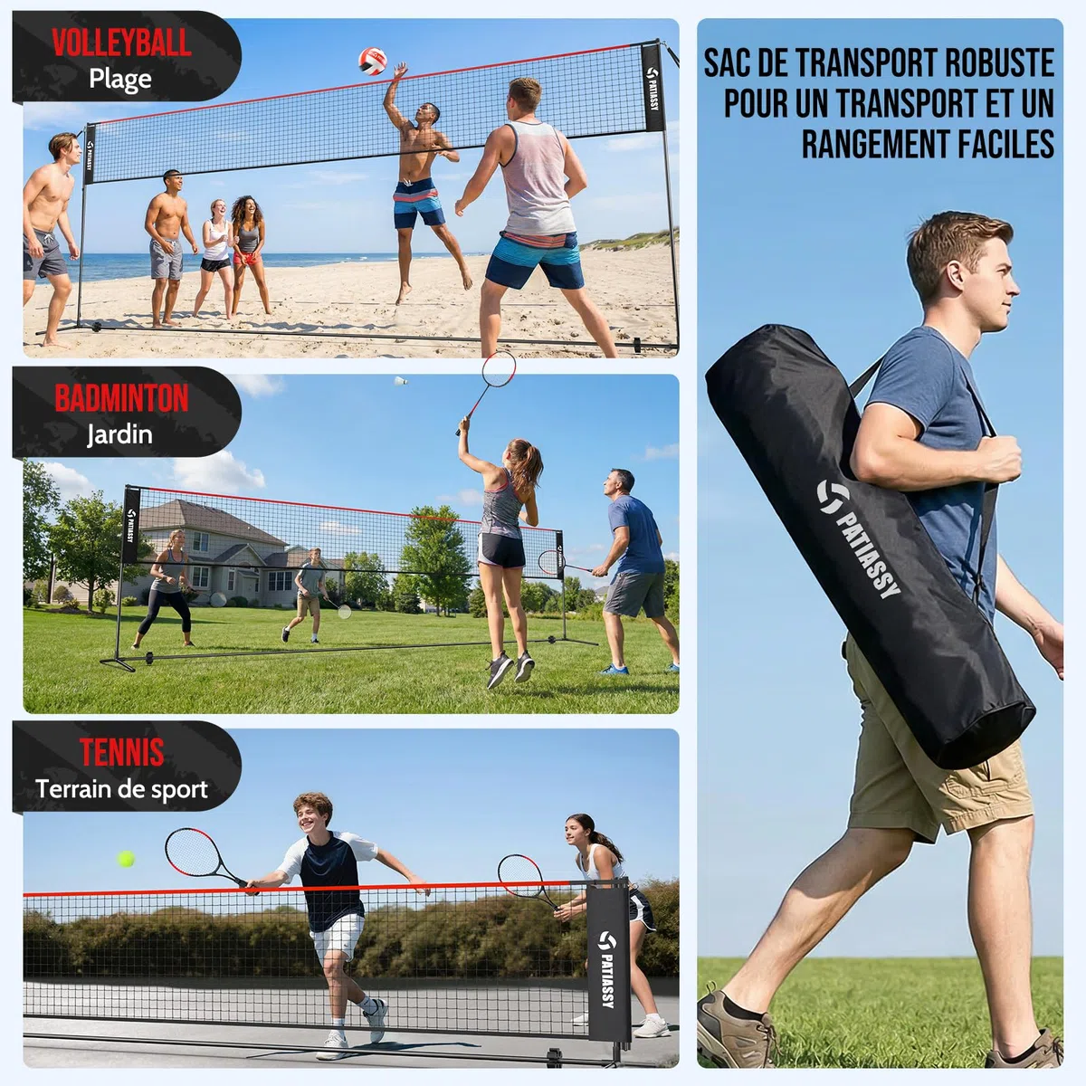 Filet de Badminton, Filet de Volley de 520 cm, 3 hauteurs Peuvent être ajustées, Ensemble Portable pour Le Tennis, à l'intérieur et à l'extérieur, Loisirs idéal pour Enfants et Adultes