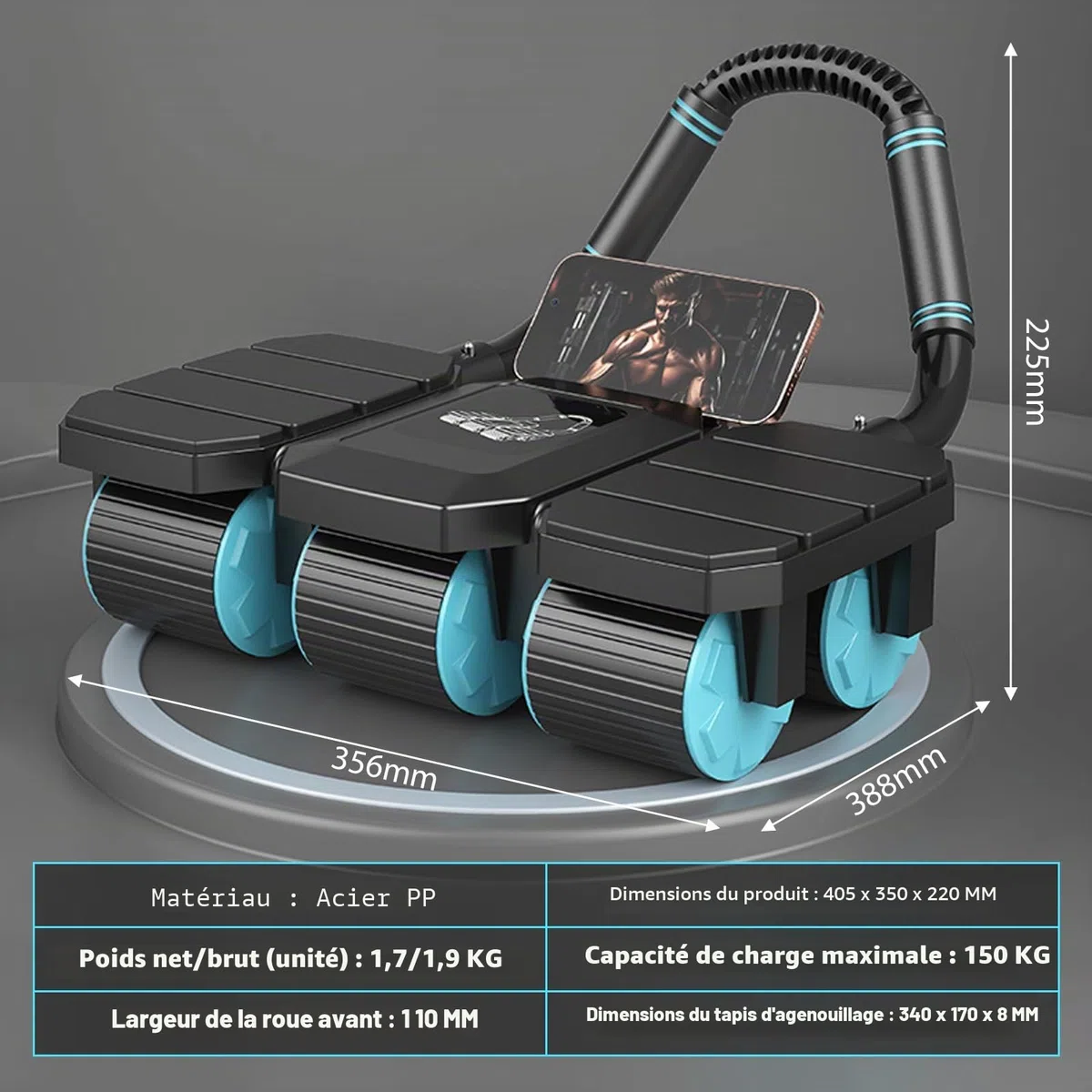 Roue abdominale pour la maison - Avec 8 coudes - Avec coussinets en mousse - Charge maximale : 150 kg - Pour entraînement de base
