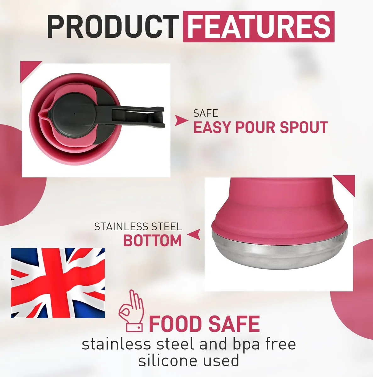 Heather Bouilloire de camping pliable en silicone de 1,5 l – Bouilloire pliable pour l'eau bouillante – Petite bouilloire portable en silicone pour cuisinière à gaz, pot de camping, caravane (rose)