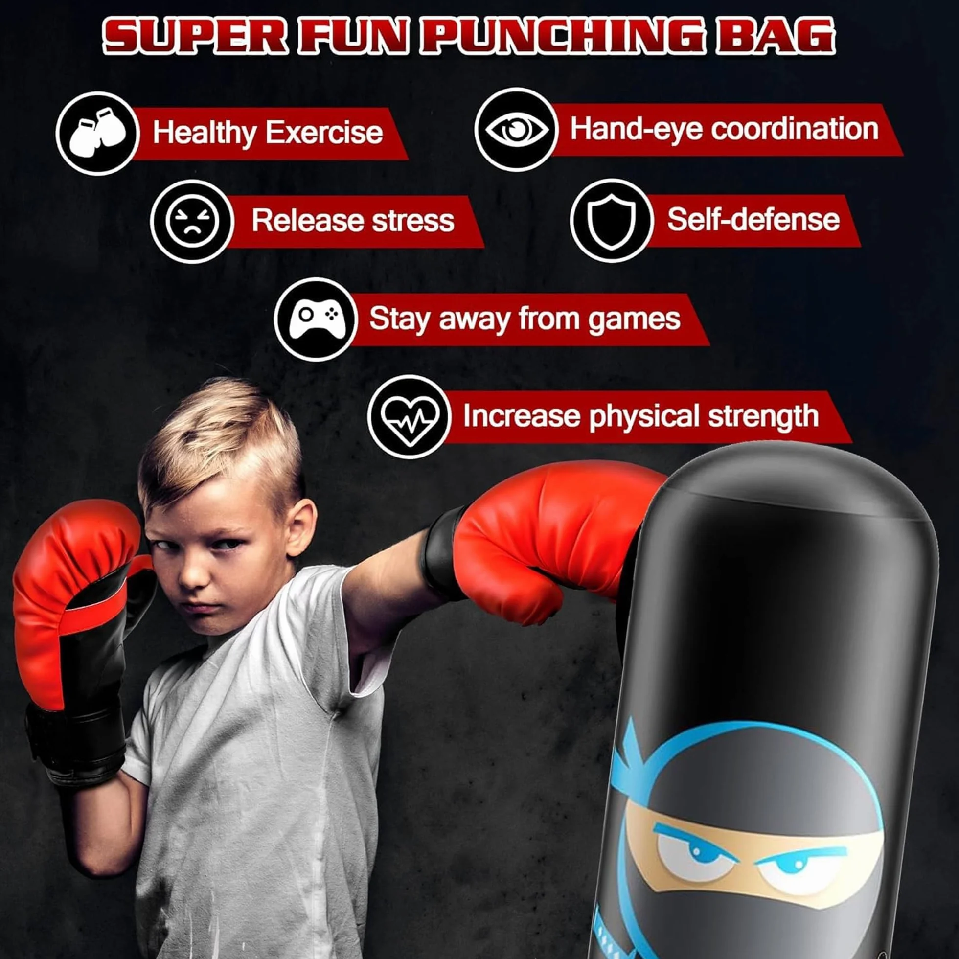 Sac de Boxe Enfant Ninja Design Gonflable Sac de Frappe avec Gants de Boxe 160cm Sac de Frappe avec Support Rebond Instantané pour S'entraîner au Karaté Taekwondo MMA Cadeaux Noel Enfant