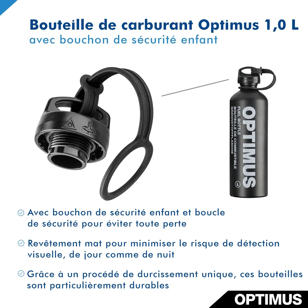 Optimus Bouteille de combustible de 1,0 l pour réchaud de camping avec combustible liquide (sans contenu) | résistante à la pression et légère | avec couvercle de fermeture sécurisé pour les enfants