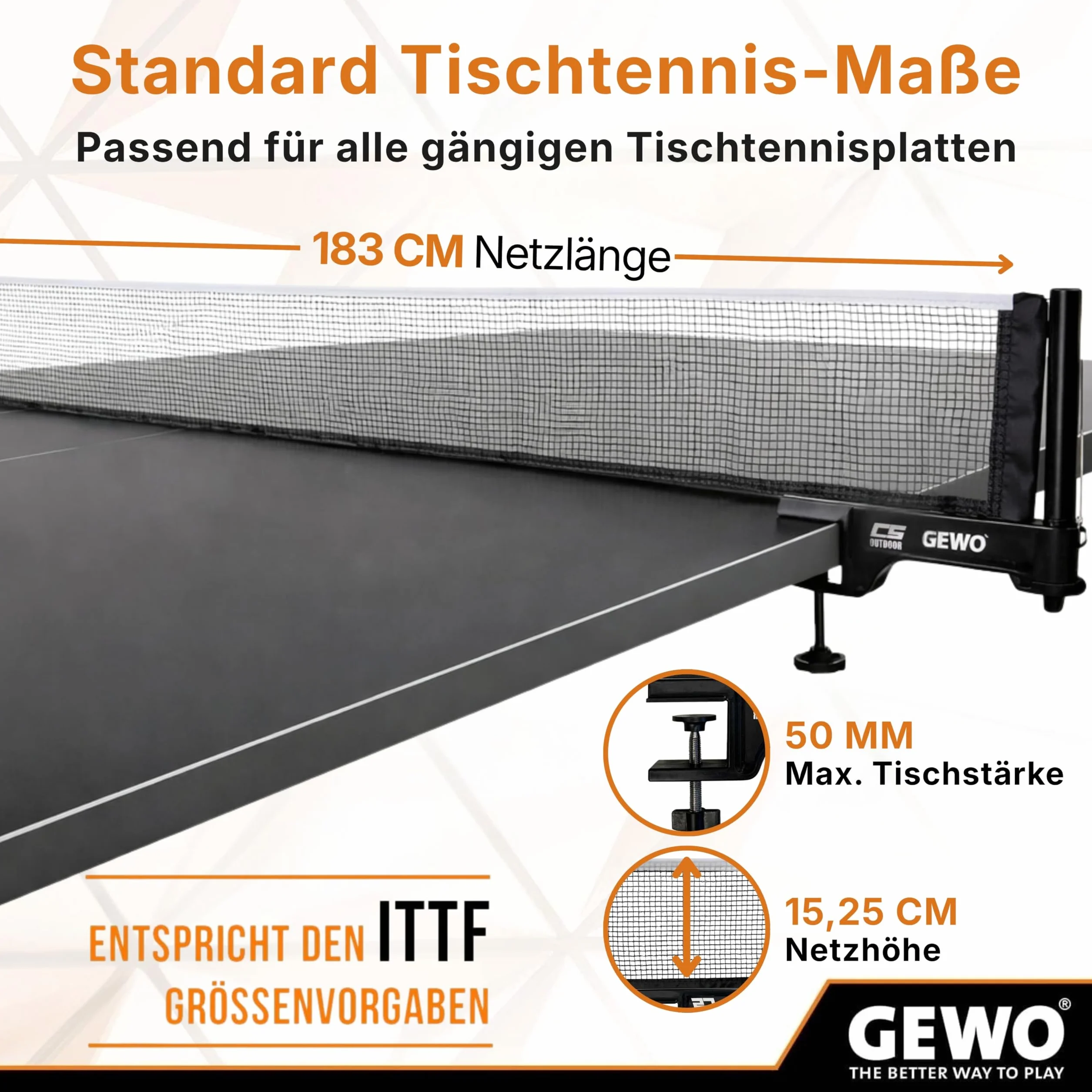 GEWO CS Outdoor Filet de ping-Pong - Filet de Tennis de Table résistant aux intempéries pour l'extérieur - Supports de Filet Robustes et vis de réglage de la Hauteur Pratique - Montage Facile - Fil