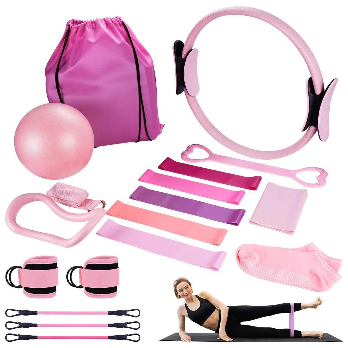 Lot de 18 anneaux de pilates avec anneau de pilates, balle de yoga, bande de fitness, anneau de tension, anneau de massage, convient aux appareils de fitness à domicile