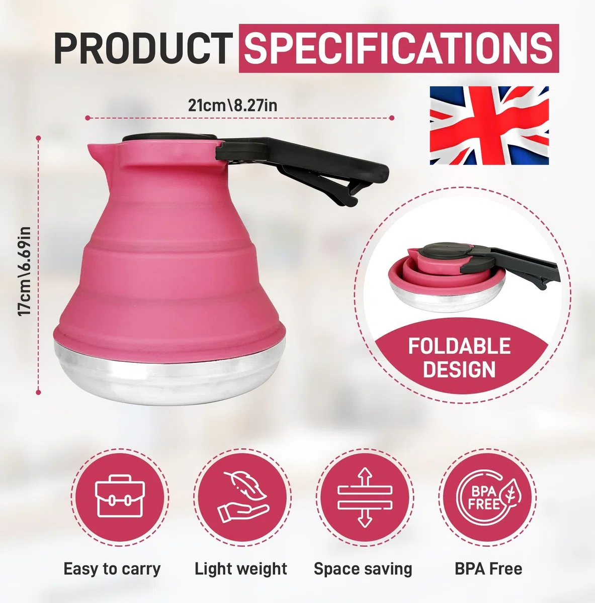 Heather Bouilloire de camping pliable en silicone de 1,5 l – Bouilloire pliable pour l'eau bouillante – Petite bouilloire portable en silicone pour cuisinière à gaz, pot de camping, caravane (rose)
