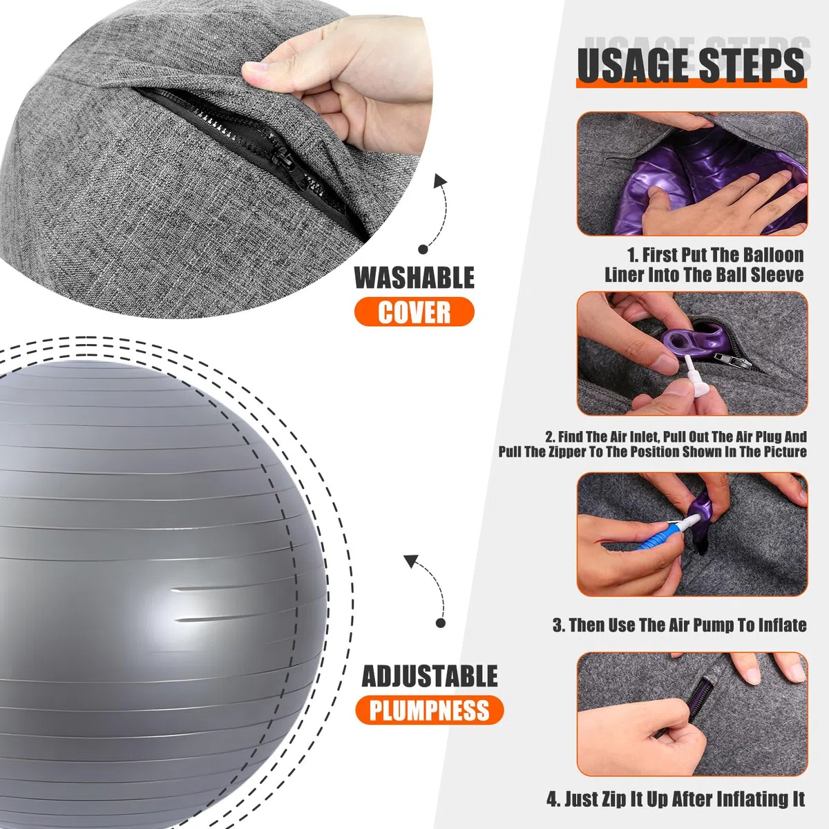 Siege Ballon Gym Ballon Housse de Ballon de Gymnastique 65 cm de Diamètre avec Housse en Tissu/Balle d'Assise/Pompe à Housse en Lin Doux Lavable Capacitã 110kg
