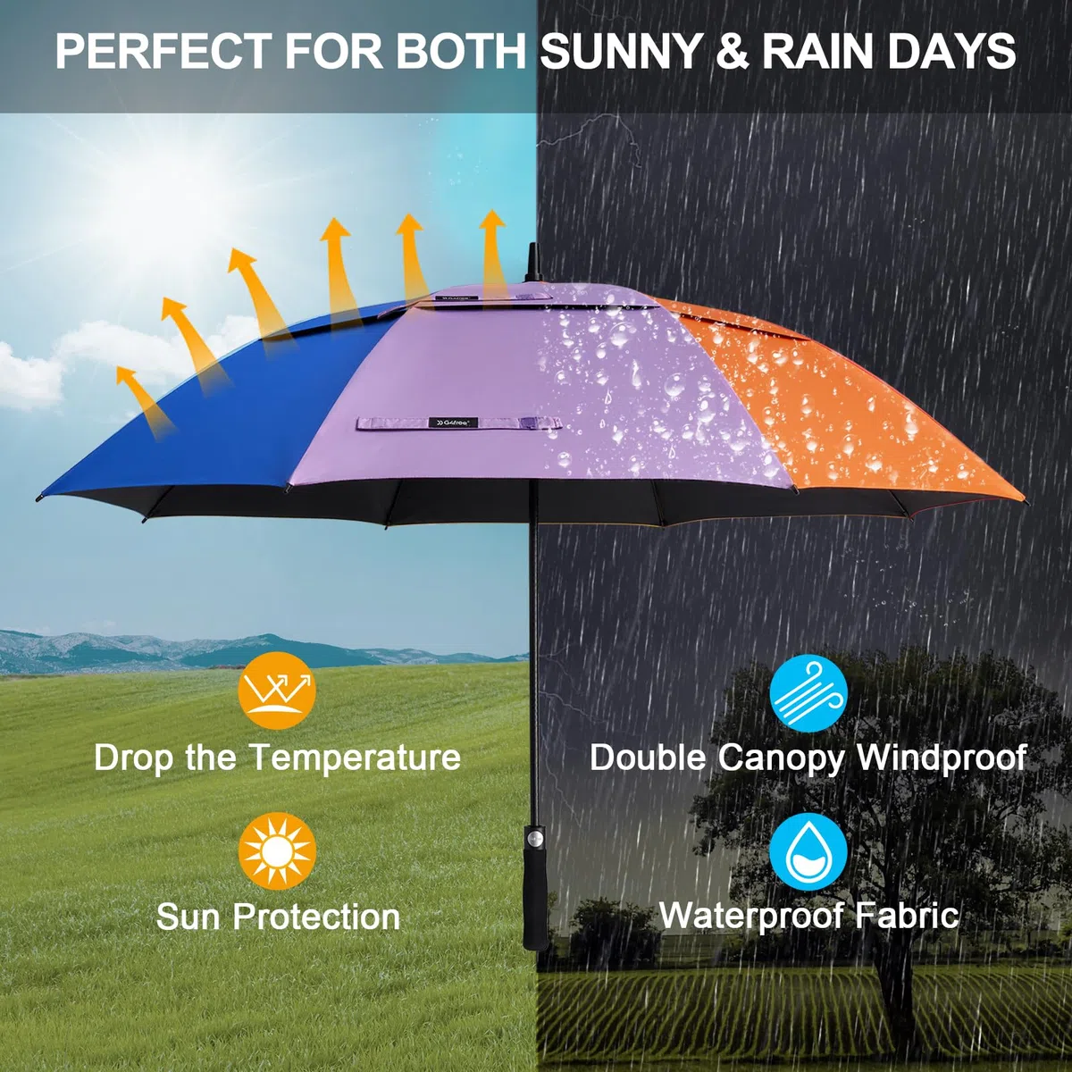 G4Free Parapluie de golf de 172,7 cm, protection UV, ouverture automatique, double toile surdimensionnée, coupe-vent, soleil, pluie, arc-en-ciel/noir