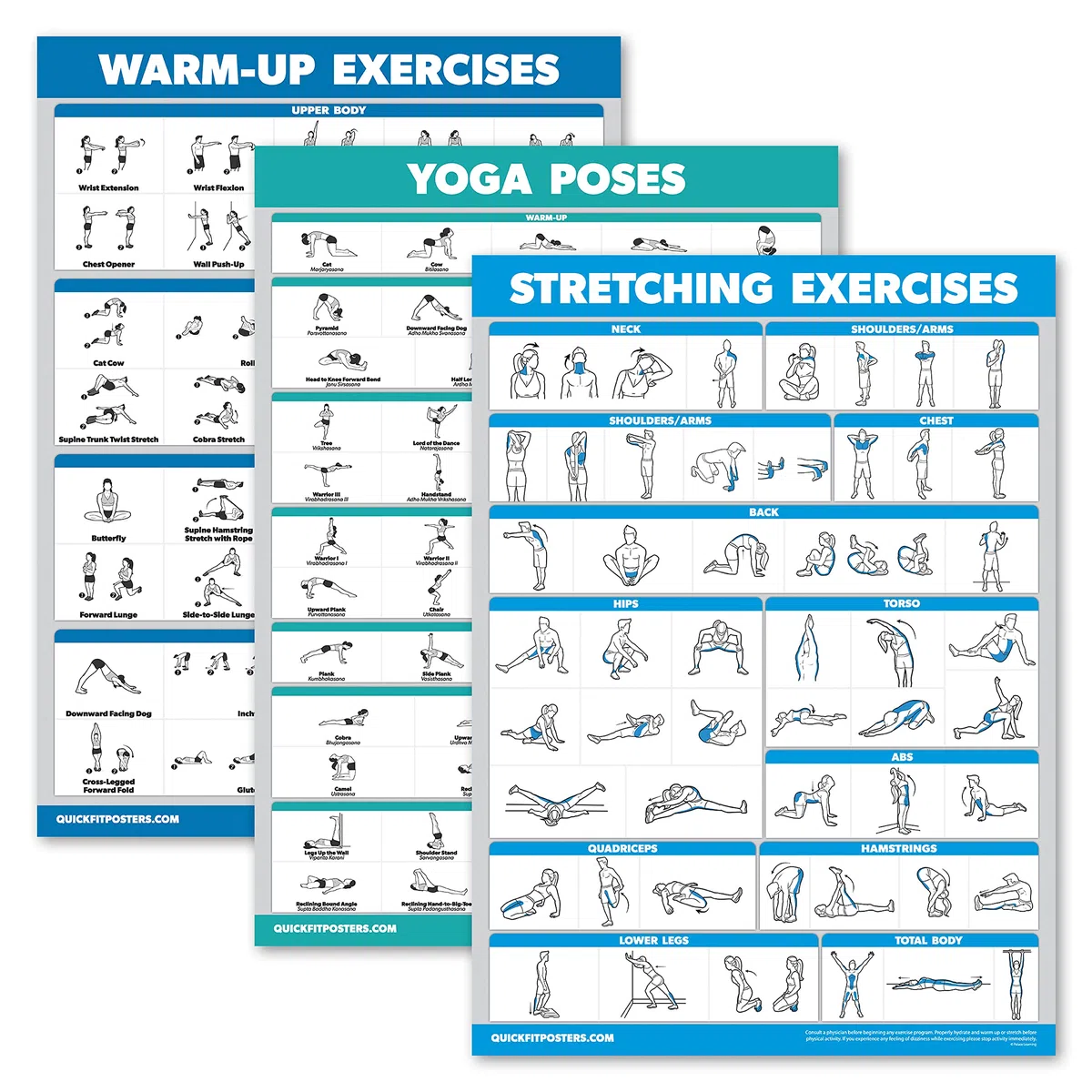 Palace Learning Lot de 3 – Exercices d'échauffement + exercices d'étirement + exercices de yoga – Lot de 3 tableaux d'entraînement (laminé, 45,7 x 61 cm)