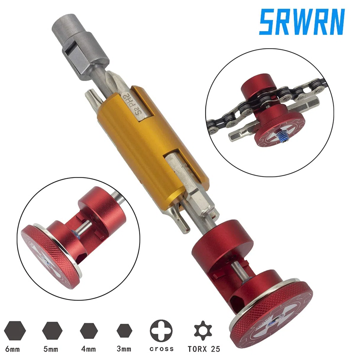 Outil de réparation 6 en 1 magnétique pour vélo - Peut être caché dans la BB, la route, le VTT - Outil multifonction T25 - Tournevis hexagonal 3/4/5/6 mm (rouge)