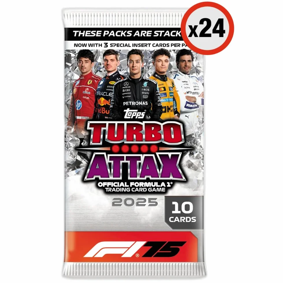 Topps Turbo Attax Formula 1 2025 – Boîte complète – Contient 24 paquets de Turbo Attax (240 cartes).